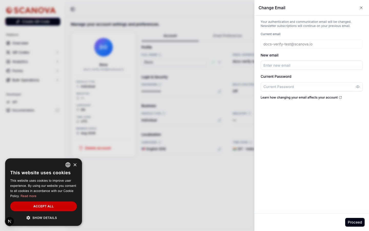 Change Email drawer with Current email (read-only), New email input, Current Password input, a link to learn how changing email affects your account, and a Proceed button
