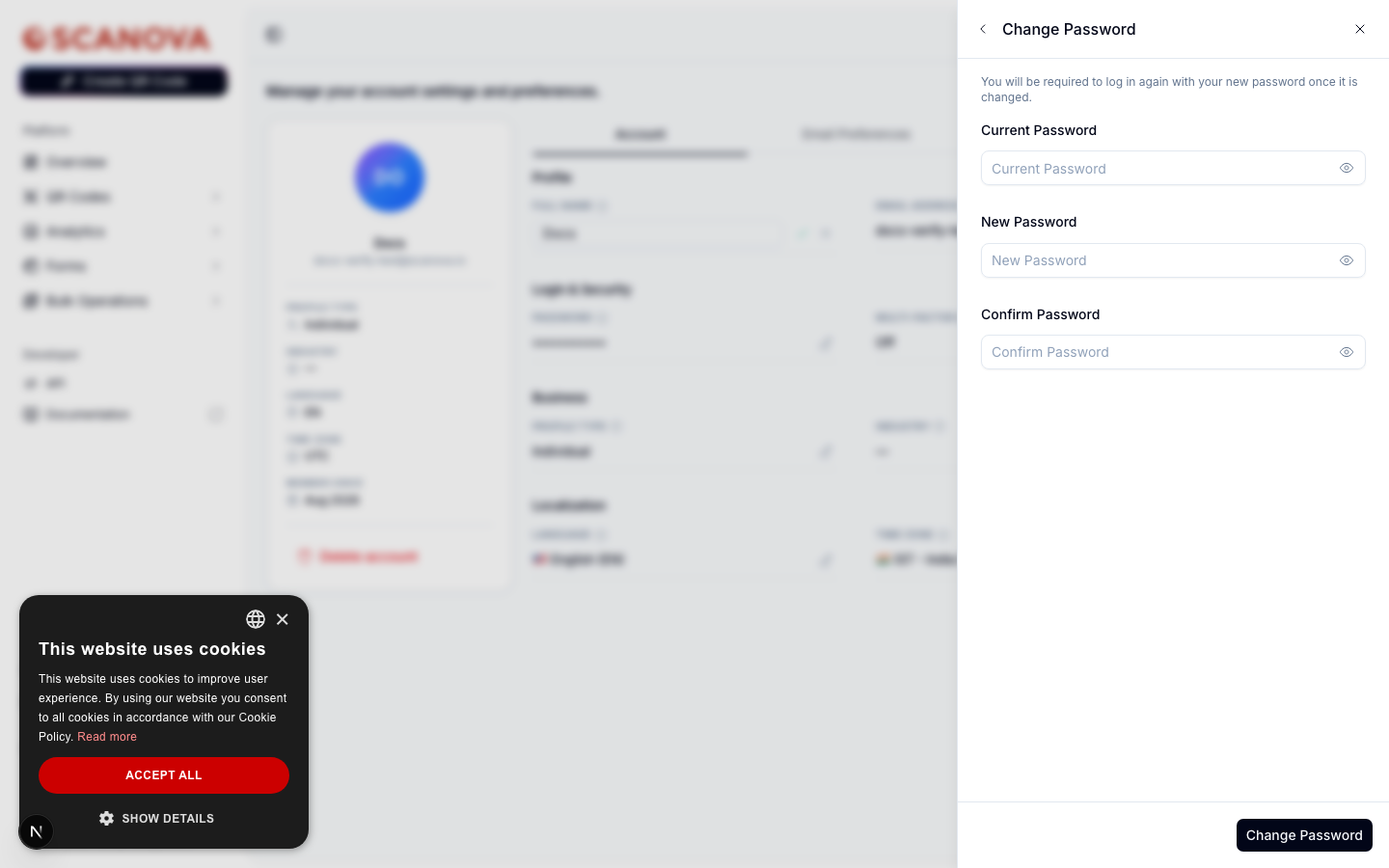 Change Password drawer with Current Password, New Password, and Confirm Password fields, and a note that you'll be required to log in again once the password is changed