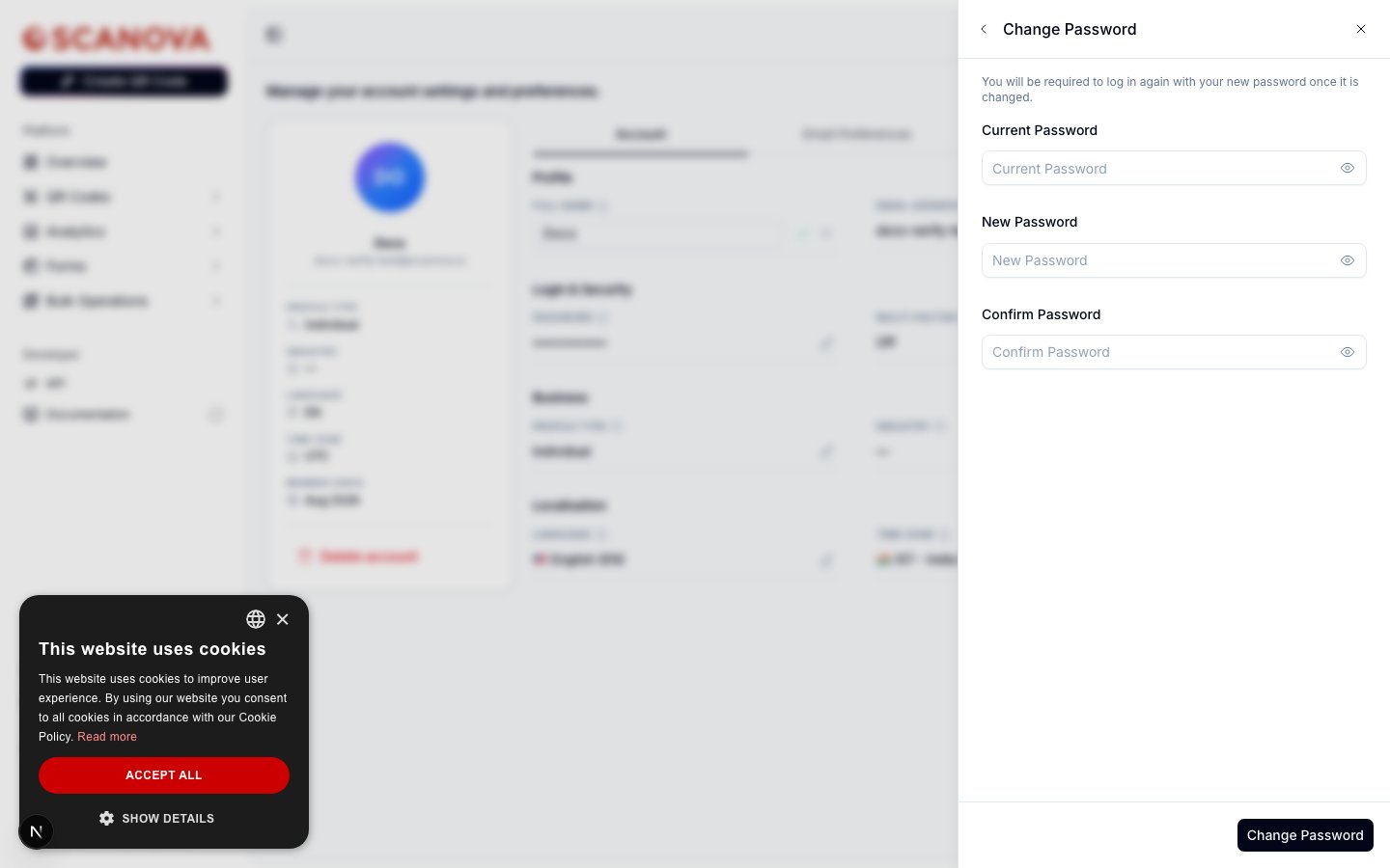 Change Password drawer with Current Password, New Password, and Confirm Password fields, and a note that you'll be required to log in again once the password is changed
