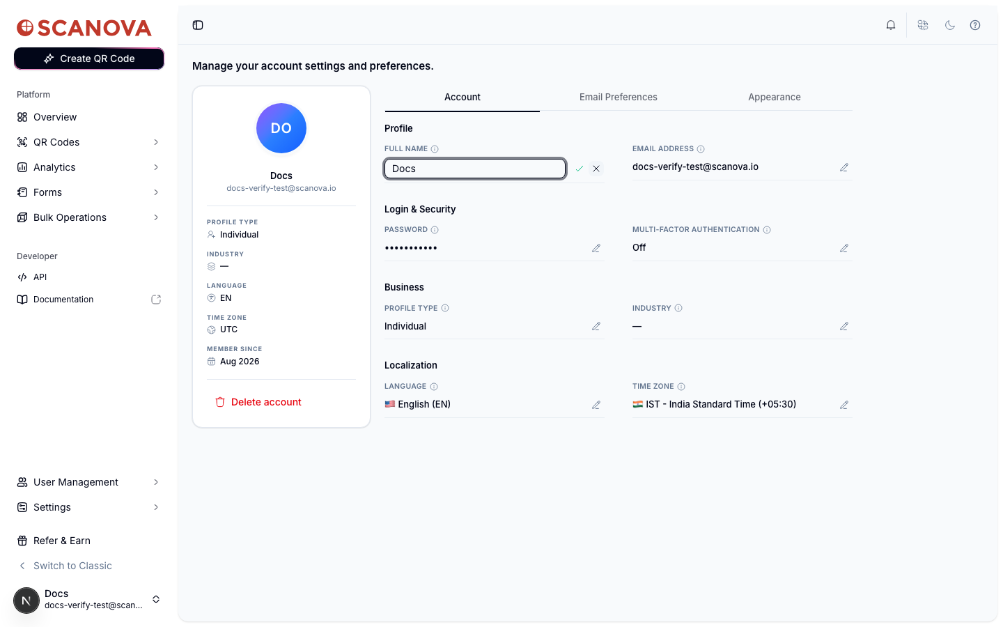 Full Name field in edit mode with a text input and checkmark/cancel buttons