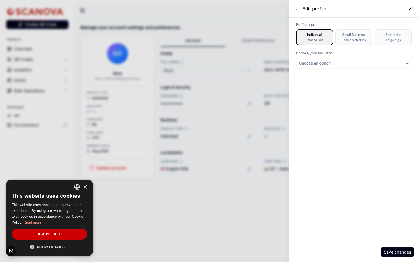 Edit profile drawer with a Profile type selector (Individual, Small Business, Enterprise) and a Choose your industry dropdown