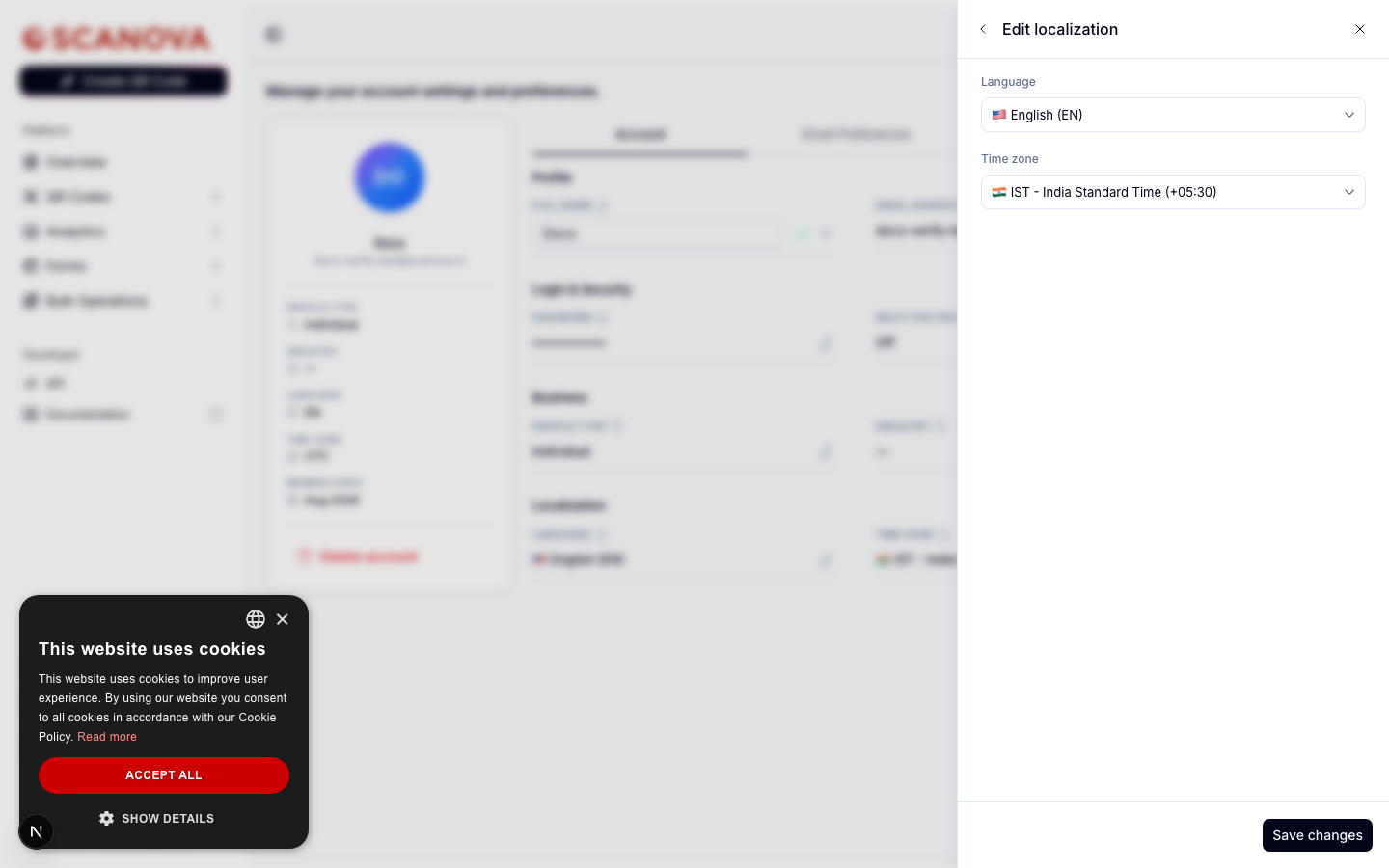 Edit localization drawer with a Language dropdown set to English (EN) and a Time zone dropdown set to IST - India Standard Time (+05:30)