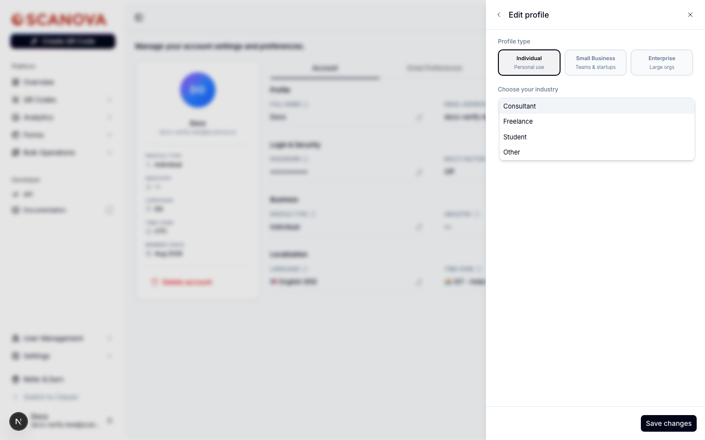 Industry dropdown open showing Consultant, Freelance, Student, and Other options