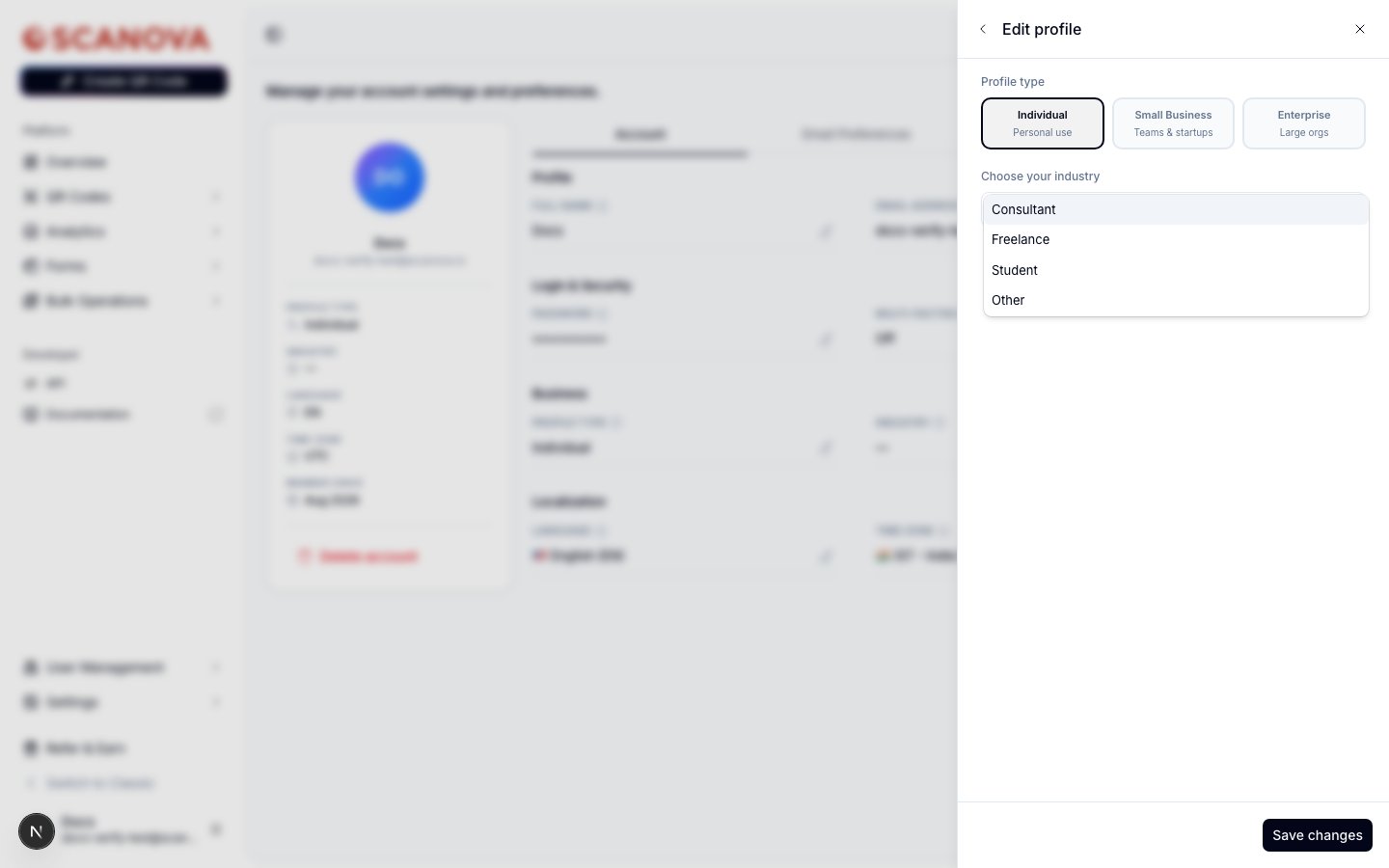Industry dropdown open showing Consultant, Freelance, Student, and Other options