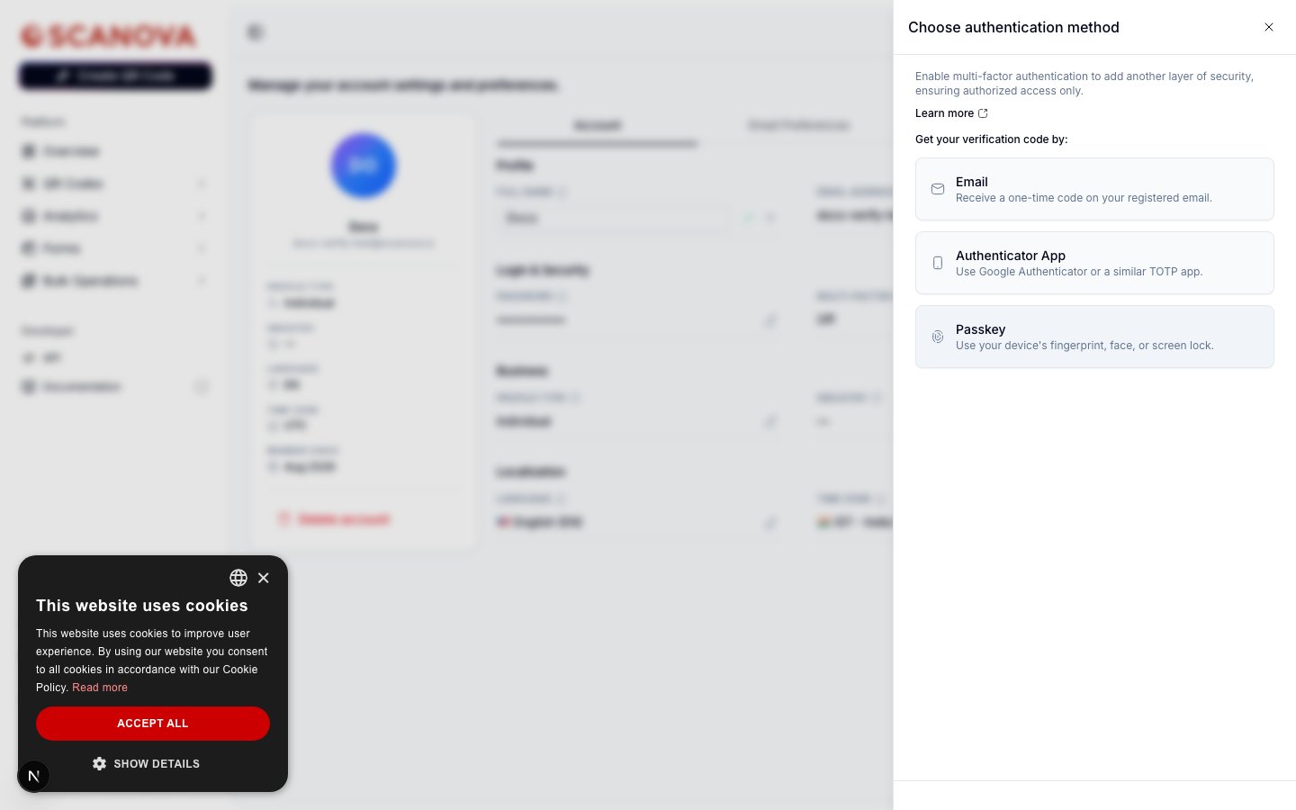 Choose authentication method panel offering Email (one-time code), Authenticator App (TOTP), and Passkey (device fingerprint, face, or screen lock) as MFA options