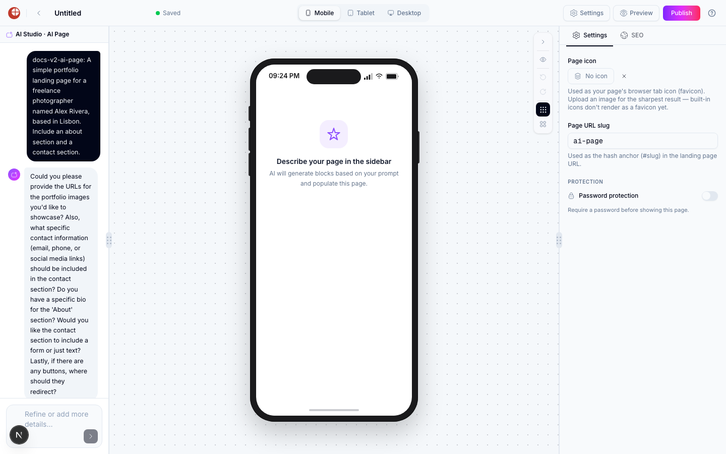 AI Studio chat showing the AI's response asking for portfolio image URLs, contact information, a bio for the About section, and button redirect targets, instead of generating a page immediately