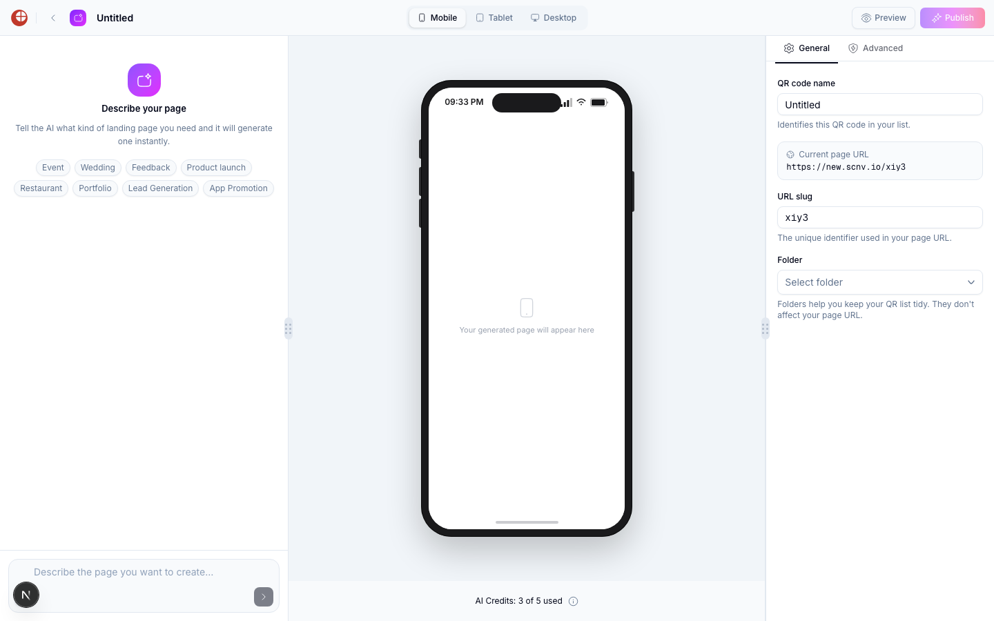 AI Studio editor showing a chat prompt on the left, a mobile preview frame in the center, and a General/Advanced settings panel on the right with QR code name, Current page URL, URL slug, and Folder fields, plus an AI Credits counter at the bottom