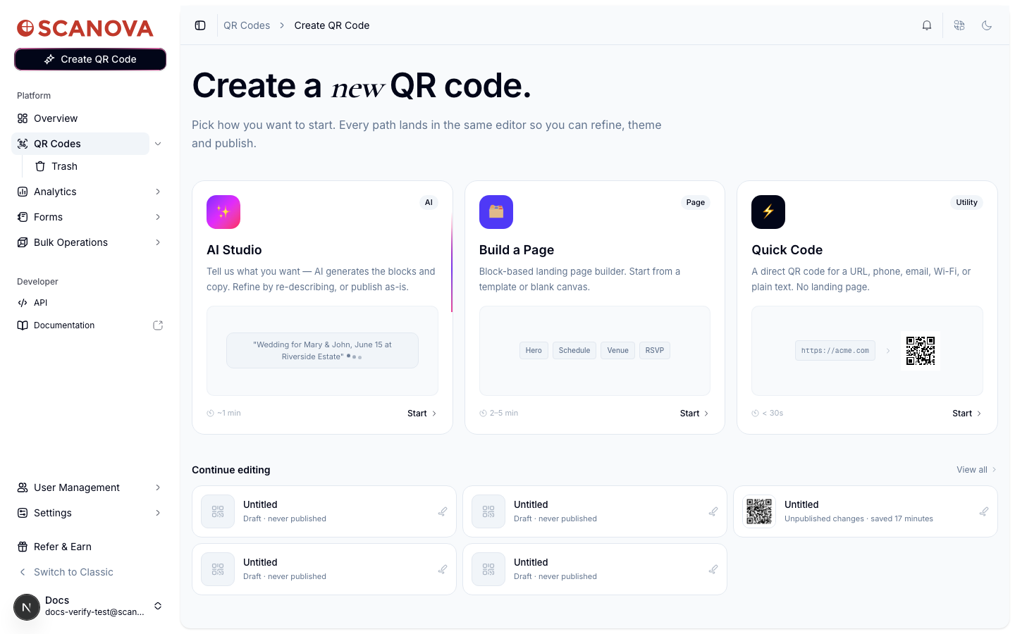 Create a new QR code screen showing three cards: AI Studio (labeled AI, with a Start button), Build a Page (labeled Page), and Quick Code (labeled Utility)