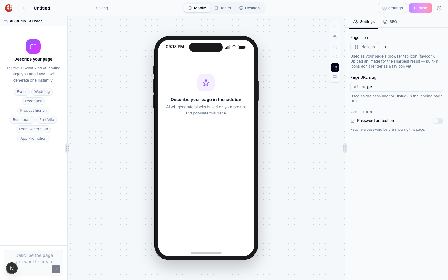 AI Studio entry screen with a 'Describe your page' heading, explanatory text, eight suggestion chips, and a chat input reading 'Describe the page you want to create...'