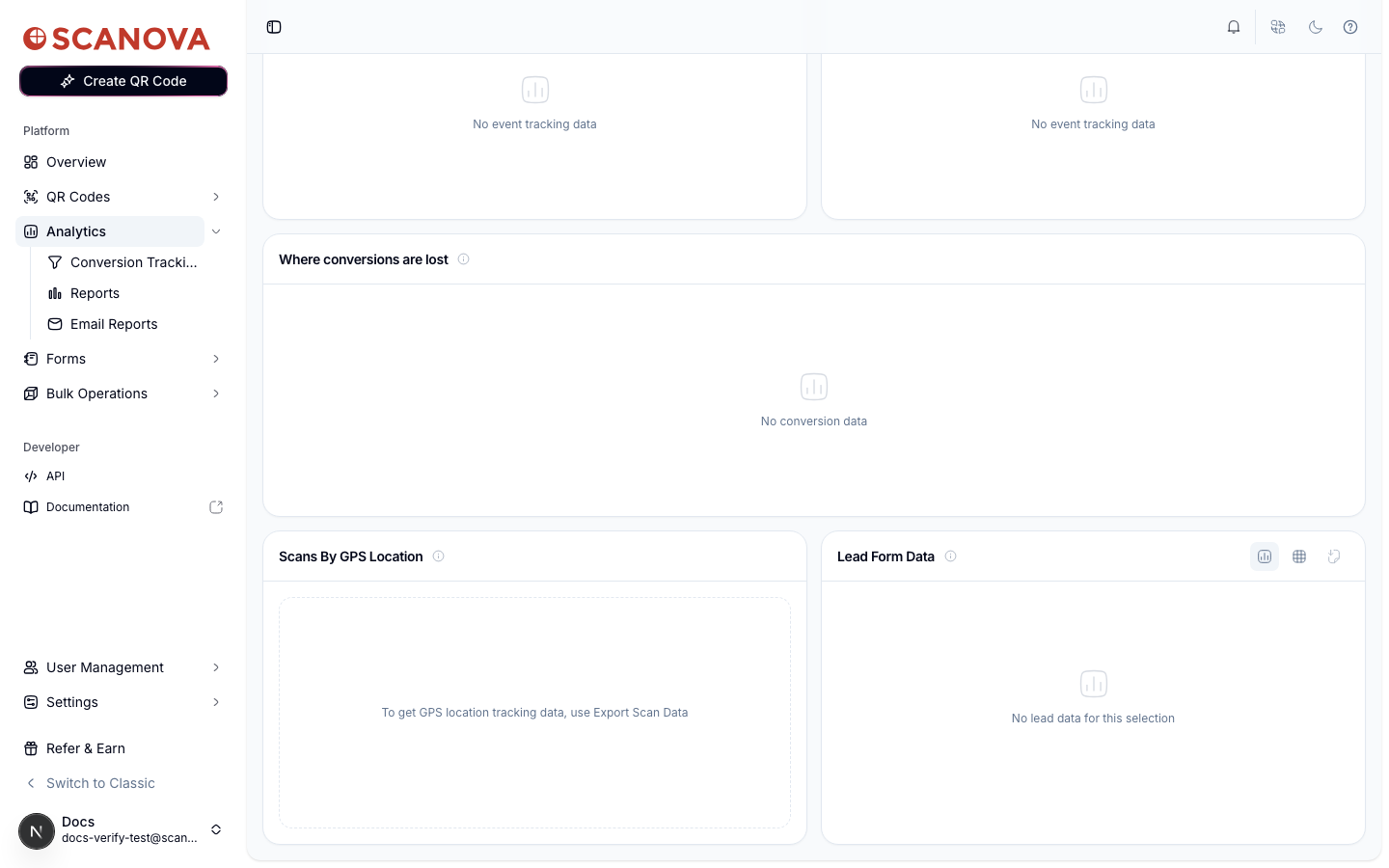 Panneau Scans By GPS Location sur le tableau de bord Scanova Analytics montrant un état vide indiquant 'To get GPS location tracking data, use Export Scan Data'