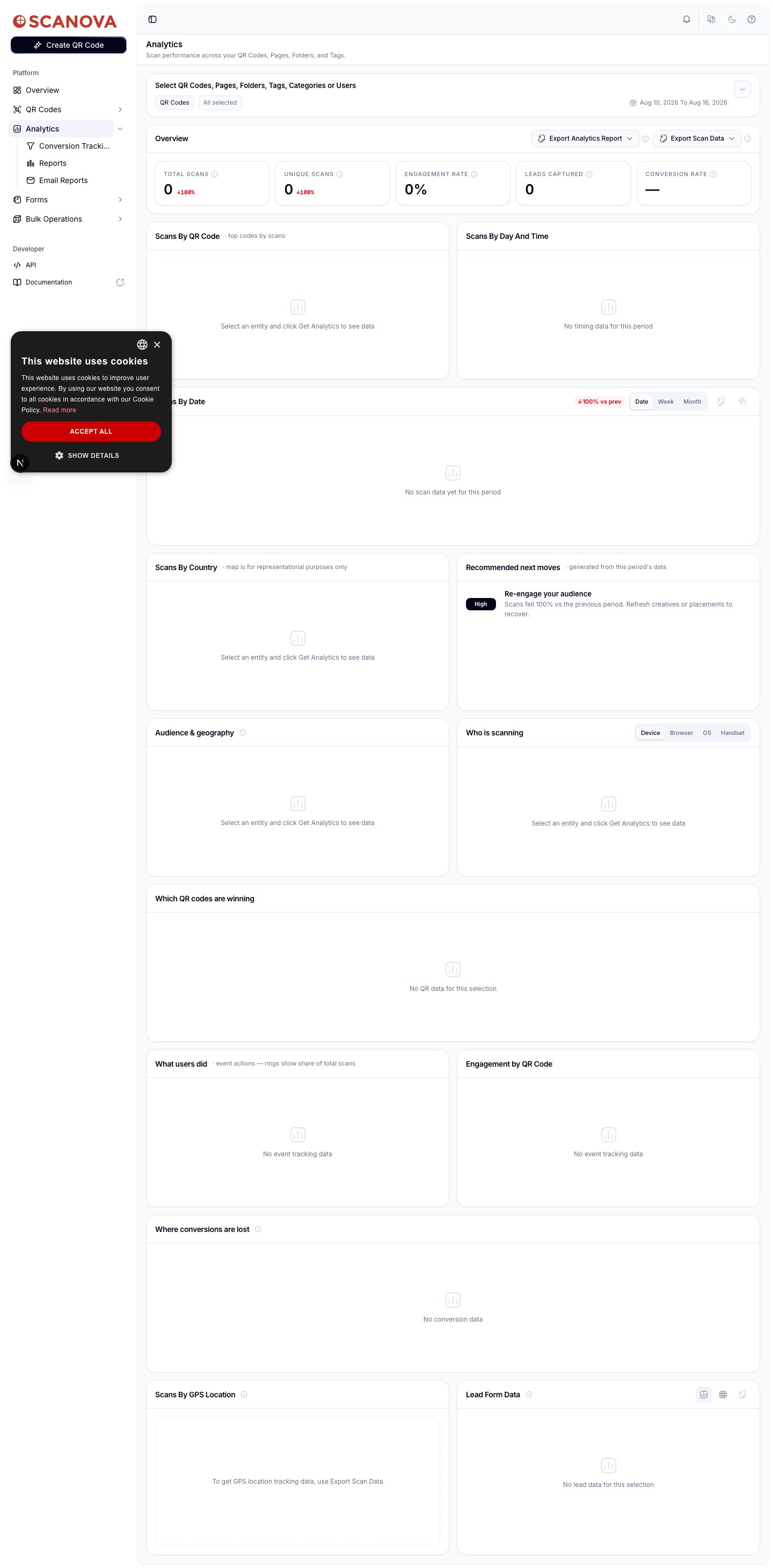 Scanova Analytics dashboard showing the entity/date filter bar, an Overview row of stat cards (Total Scans, Unique Scans, Engagement Rate, Leads Captured, Conversion Rate), and panels for Scans By QR Code, Scans By Day And Time, Scans By Date, Scans By Country, Recommended next moves, Audience & geography, Who is scanning, Which QR codes are winning, What users did, Engagement by QR Code, Where conversions are lost, Scans By GPS Location, and Lead Form Data