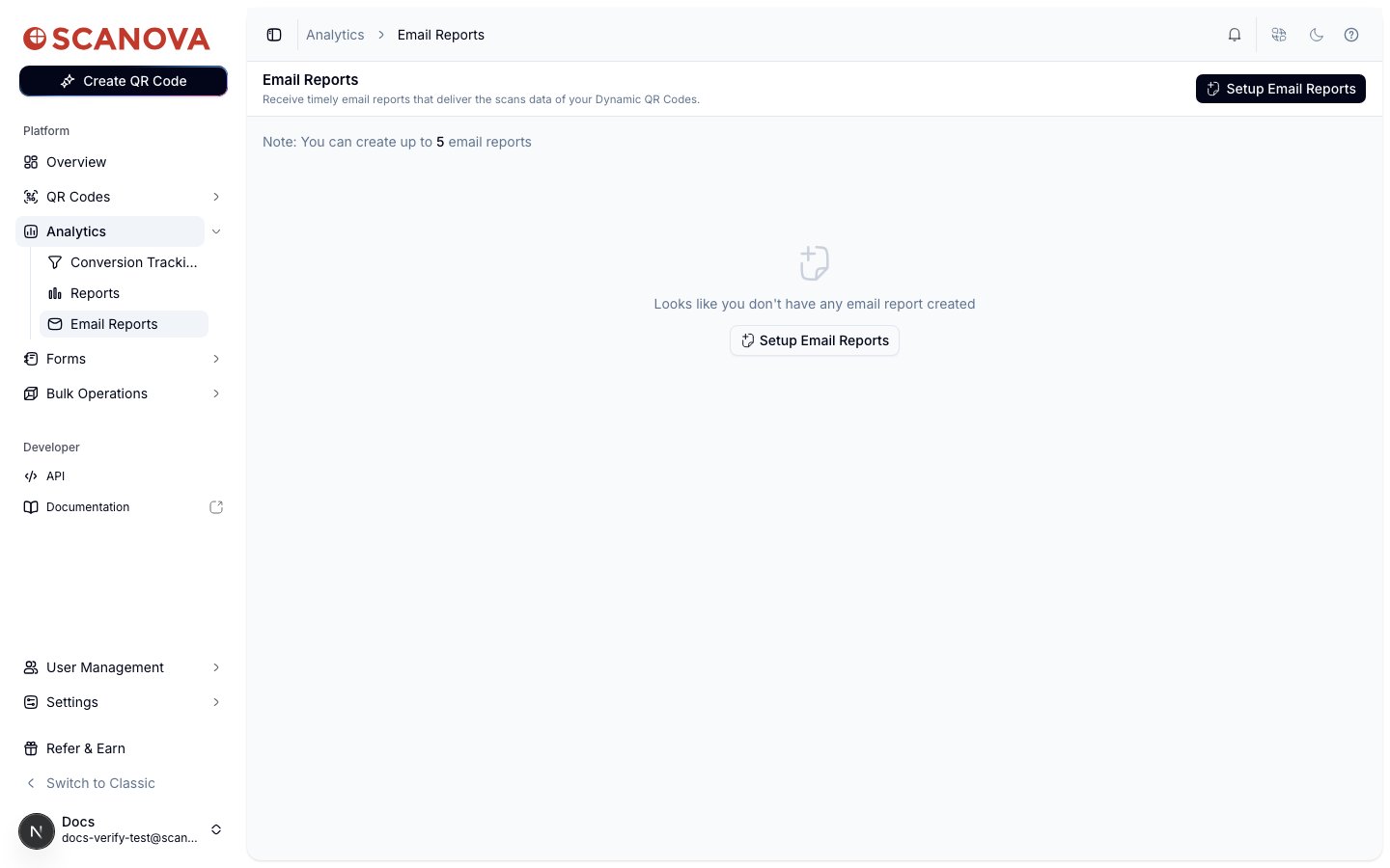 Scanova Email Reports 页面显示一个表格,包含 Report Name、Selection、Recipients、Email Frequency、Created By 和 Action 列,对应一份已设置的每周邮件报告