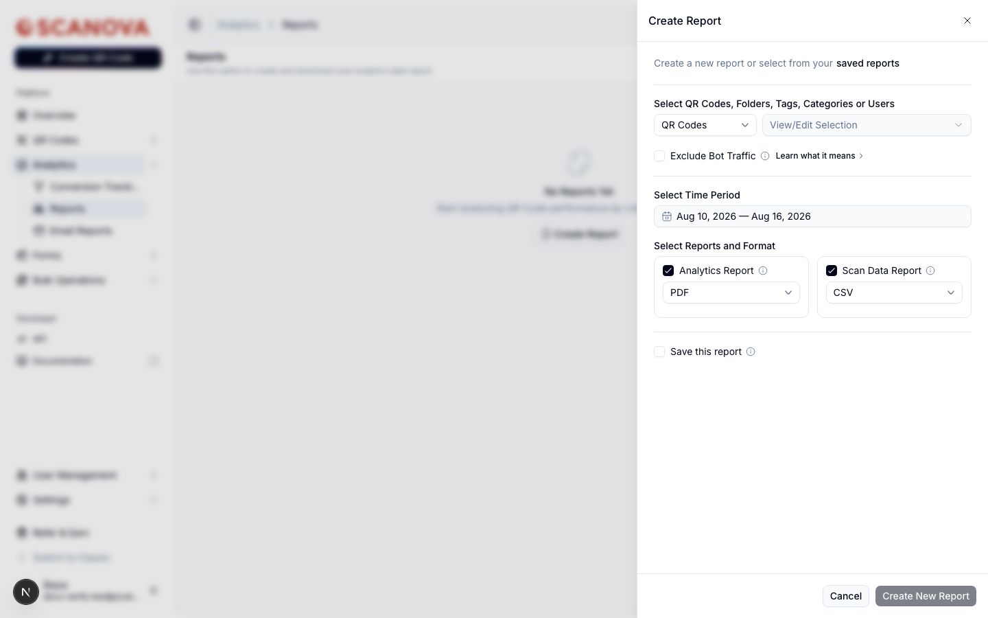 Scanova Create Report drawer showing entity selection, Exclude Bot Traffic checkbox, a time period date range, Analytics Report and Scan Data Report format selectors, and a Save this report checkbox