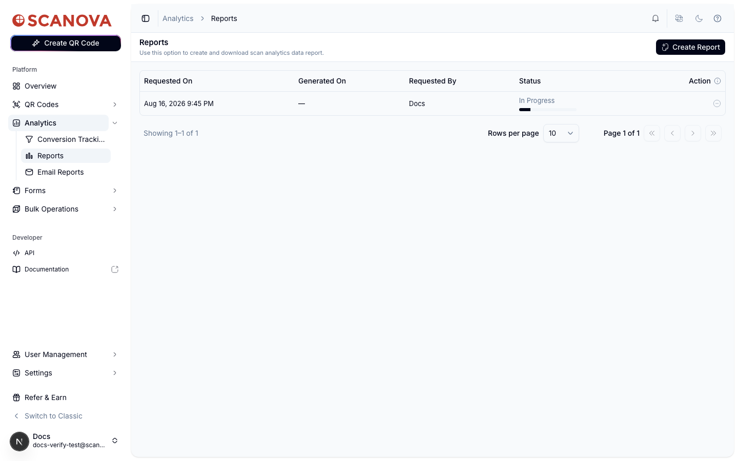 Scanova Reports page showing a table with Requested On, Generated On, Requested By, Status, and Action columns, and one report in the In Progress state