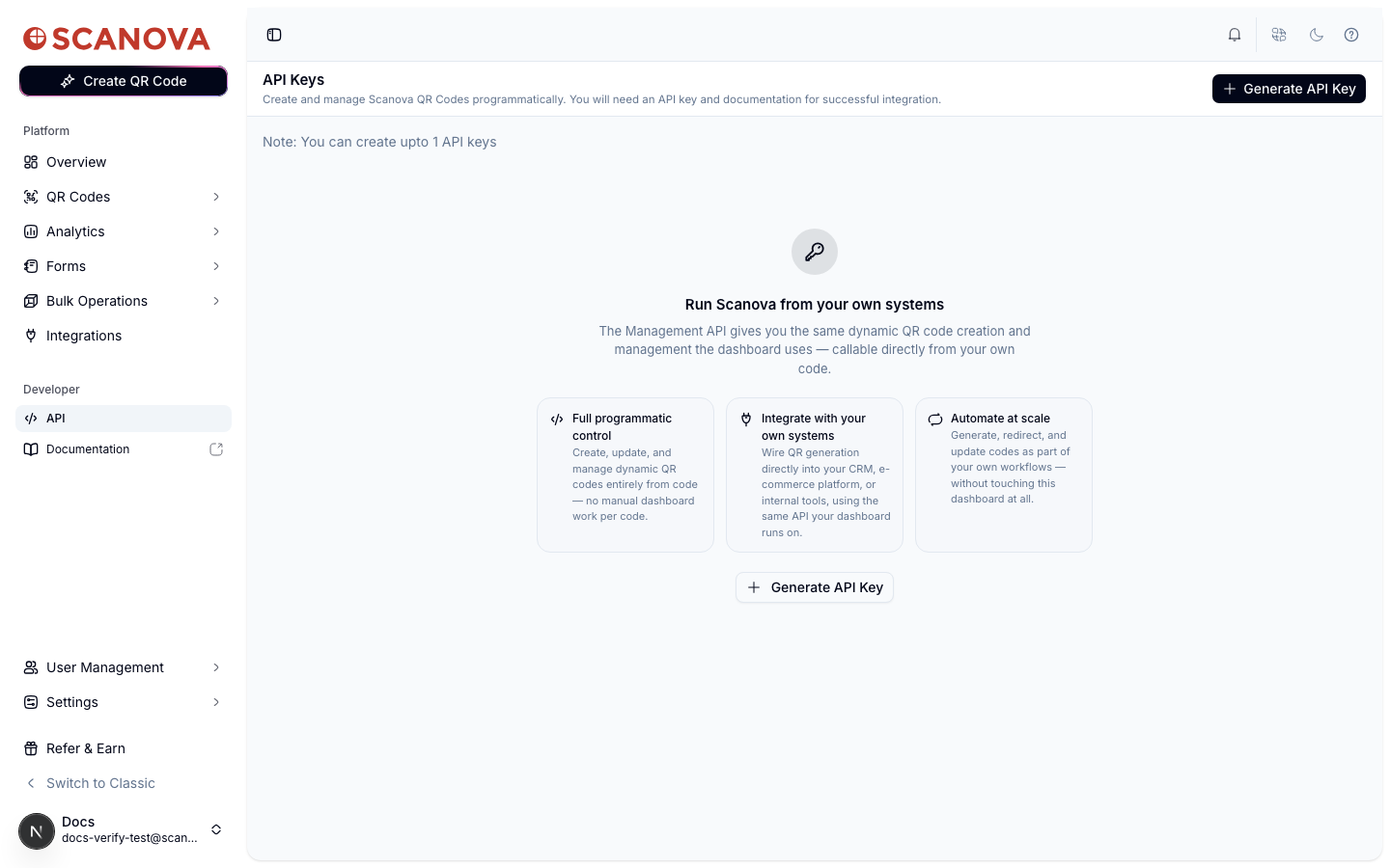 Página API Keys mostrando el encabezado 'API Keys' con un botón Generate API Key, una nota que indica 'You can create upto 1 API keys', y un panel de estado vacío titulado 'Run Scanova from your own systems' con tres tarjetas de beneficios (Full programmatic control, Integrate with your own systems, Automate at scale) y un botón Generate API Key