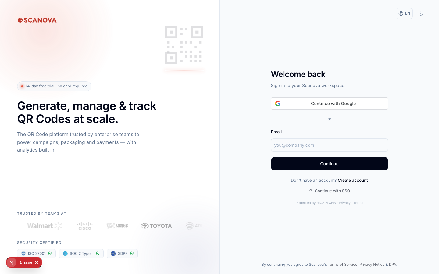 صفحة تسجيل دخول Scanova مع زر Continue with Google فوق حقل بريد إلكتروني، وزر Continue، وروابط Create account وContinue with SSO