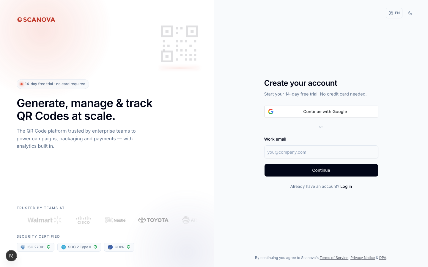 صفحة Create your account في Scanova مع زر Continue with Google فوق حقل Work email وزر Continue