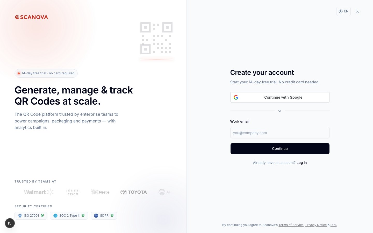 Scanova Create your account page with a Continue with Google button above a Work email field and a Continue button