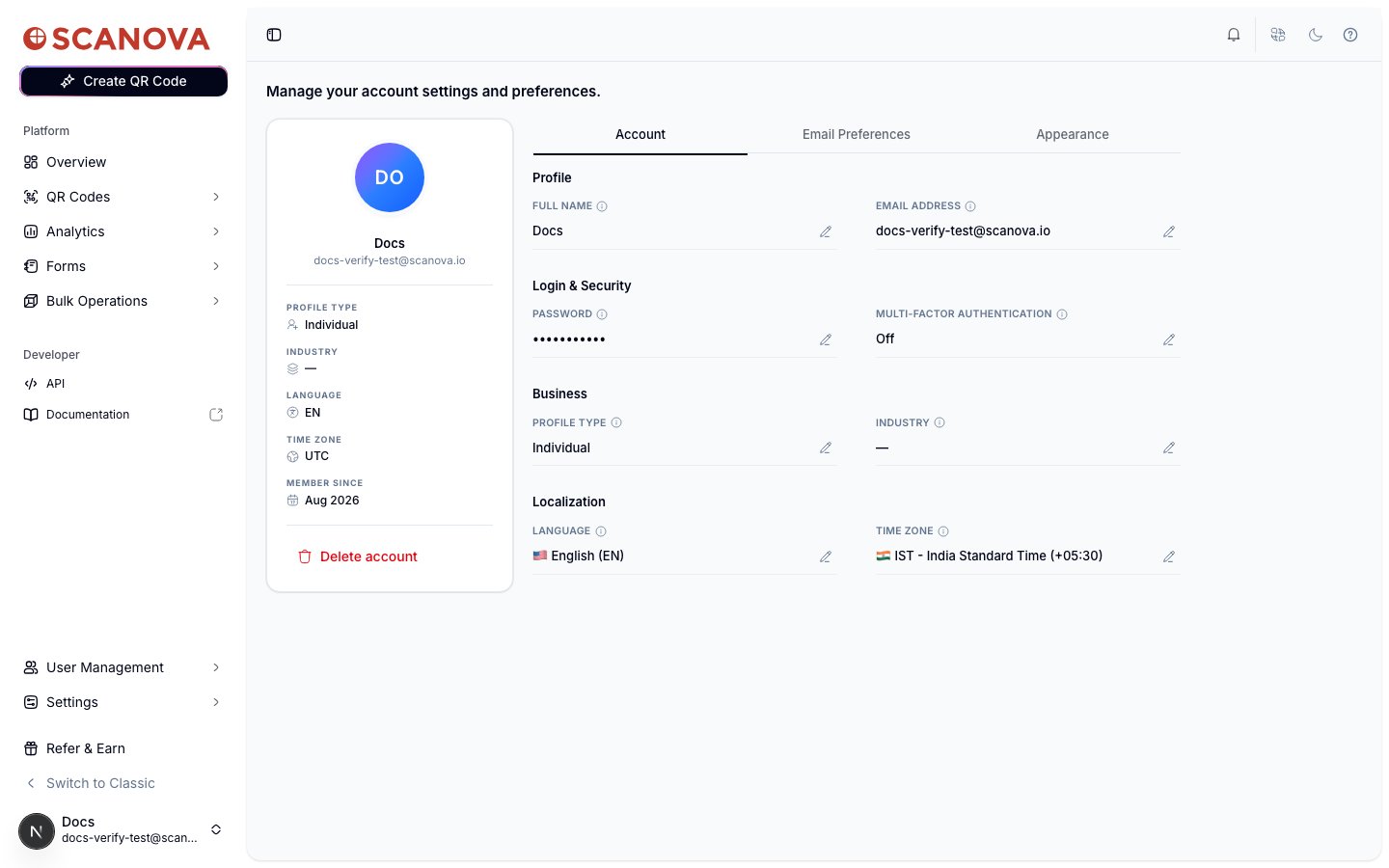 Scanova account page showing the Login and Security section with Password and Multi-Factor Authentication fields, the latter showing Off with an edit pencil icon