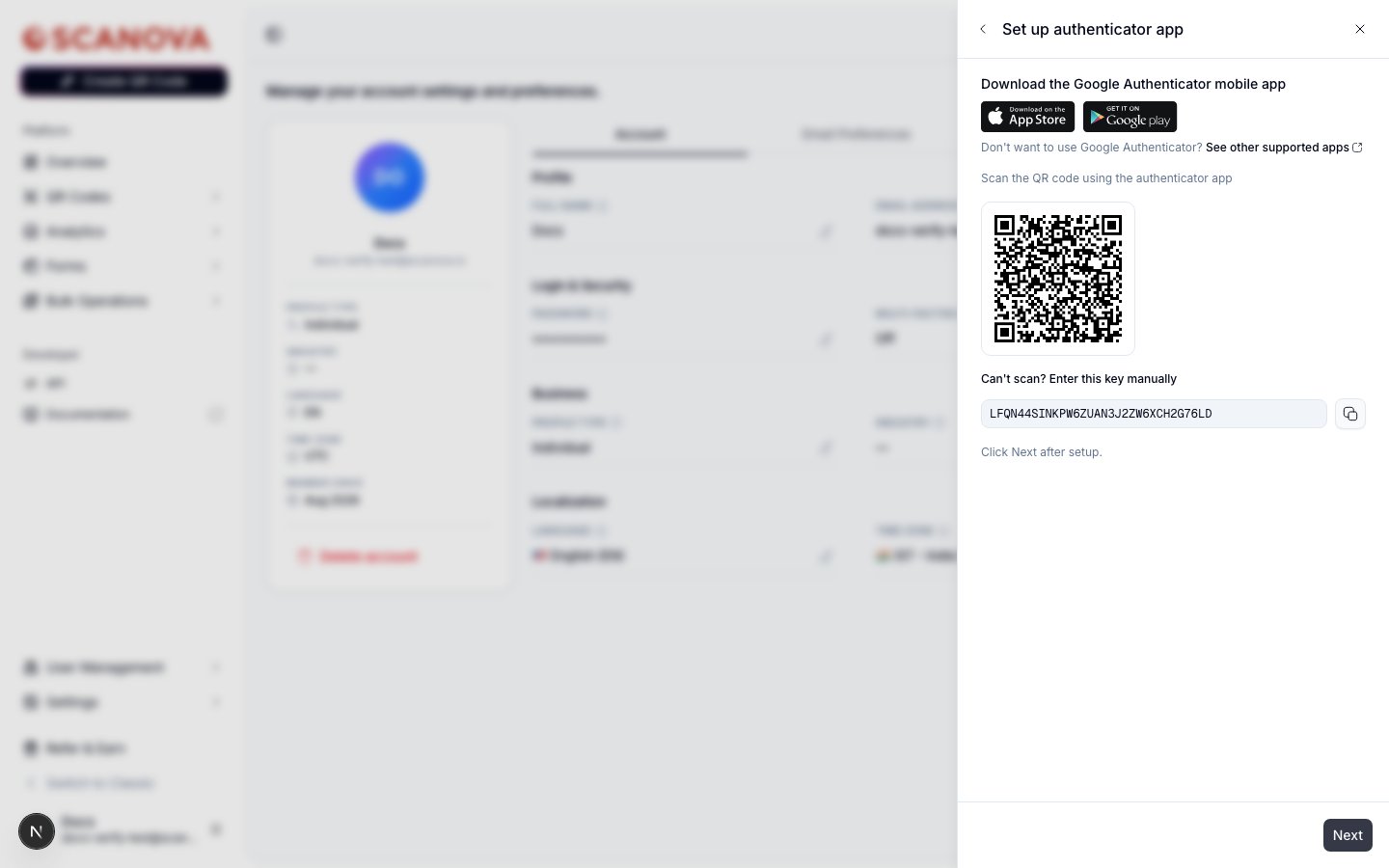 Set up authenticator app step showing a QR code to scan, app store badges for Google Authenticator, and a manual entry key with a copy button