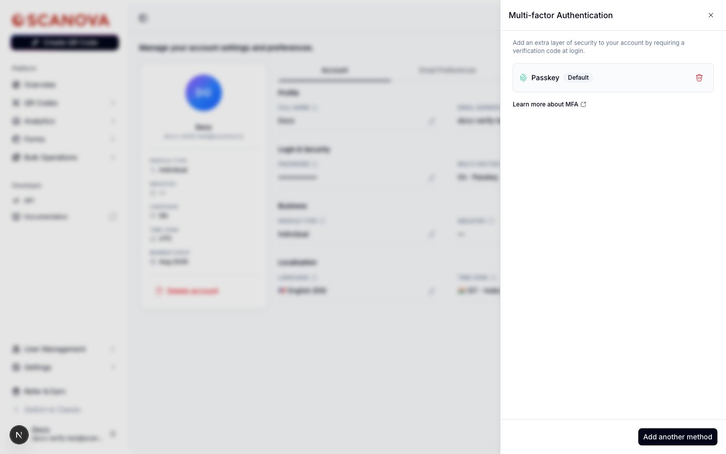 Multi-factor Authentication drawer showing Passkey enrolled with a Default badge, a trash icon to remove it, and an Add another method button