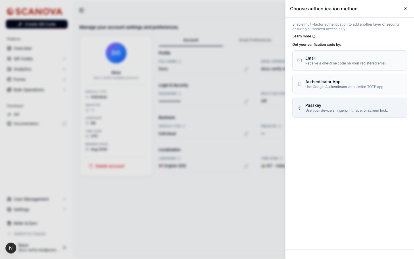 Choose authentication method drawer with three options: Email (receive a one-time code on your registered email), Authenticator App (use Google Authenticator or a similar TOTP app), and Passkey (use your device's fingerprint, face, or screen lock)