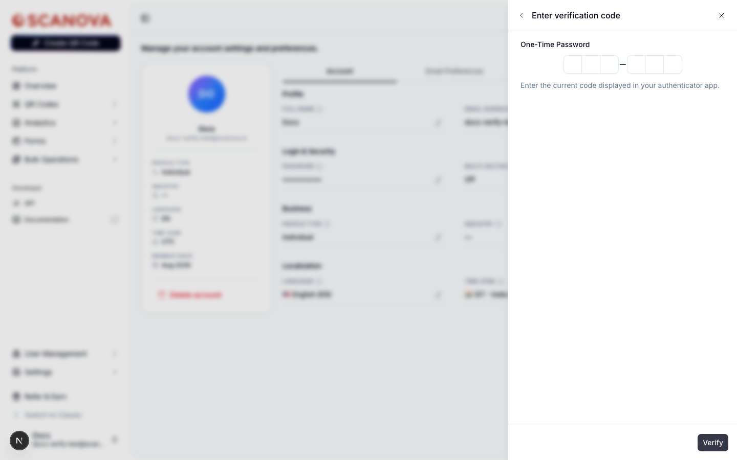 Enter verification code step with a six-digit one-time password input and a Verify button