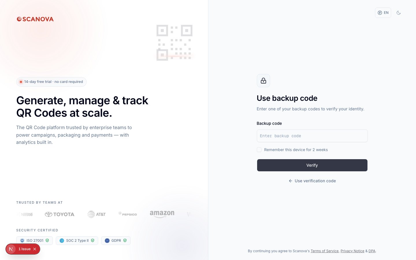 Use backup code screen with a backup code input field, a Remember this device for 2 weeks checkbox, and a Verify button