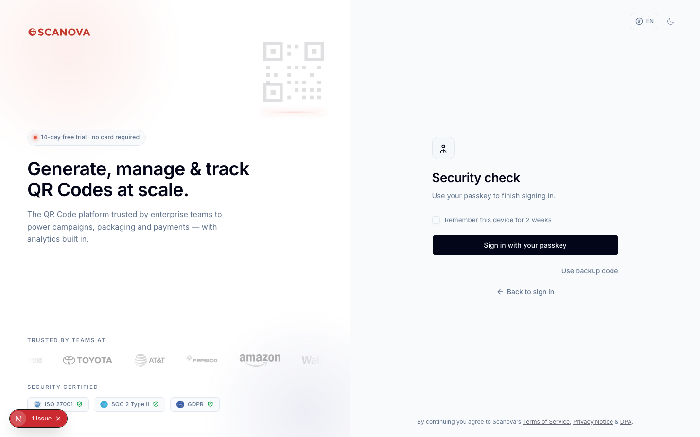 Pantalla Security check con el texto 'Use your passkey to finish signing in', una casilla Remember this device for 2 weeks, un botón Sign in with your passkey y un enlace Use backup code