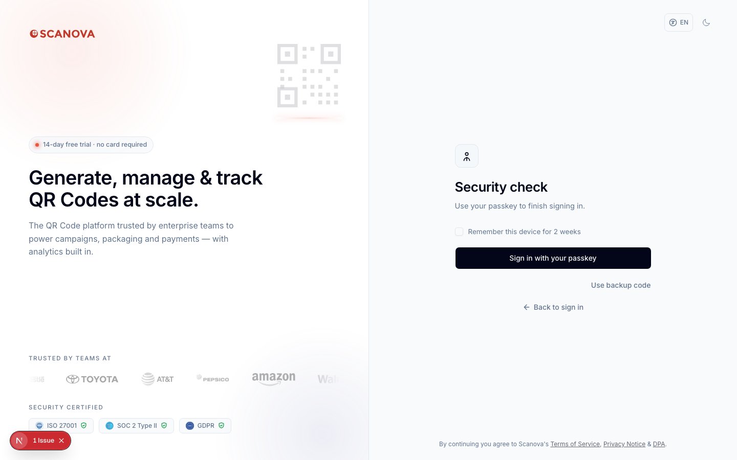 Security check screen reading 'Use your passkey to finish signing in', with a Remember this device for 2 weeks checkbox, a Sign in with your passkey button, and a Use backup code link