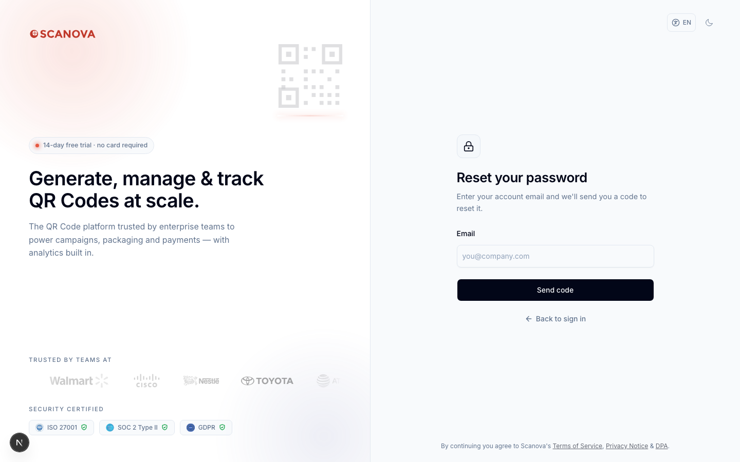 Reset your password screen with an Email field, a Send code button, and a Back to sign in link