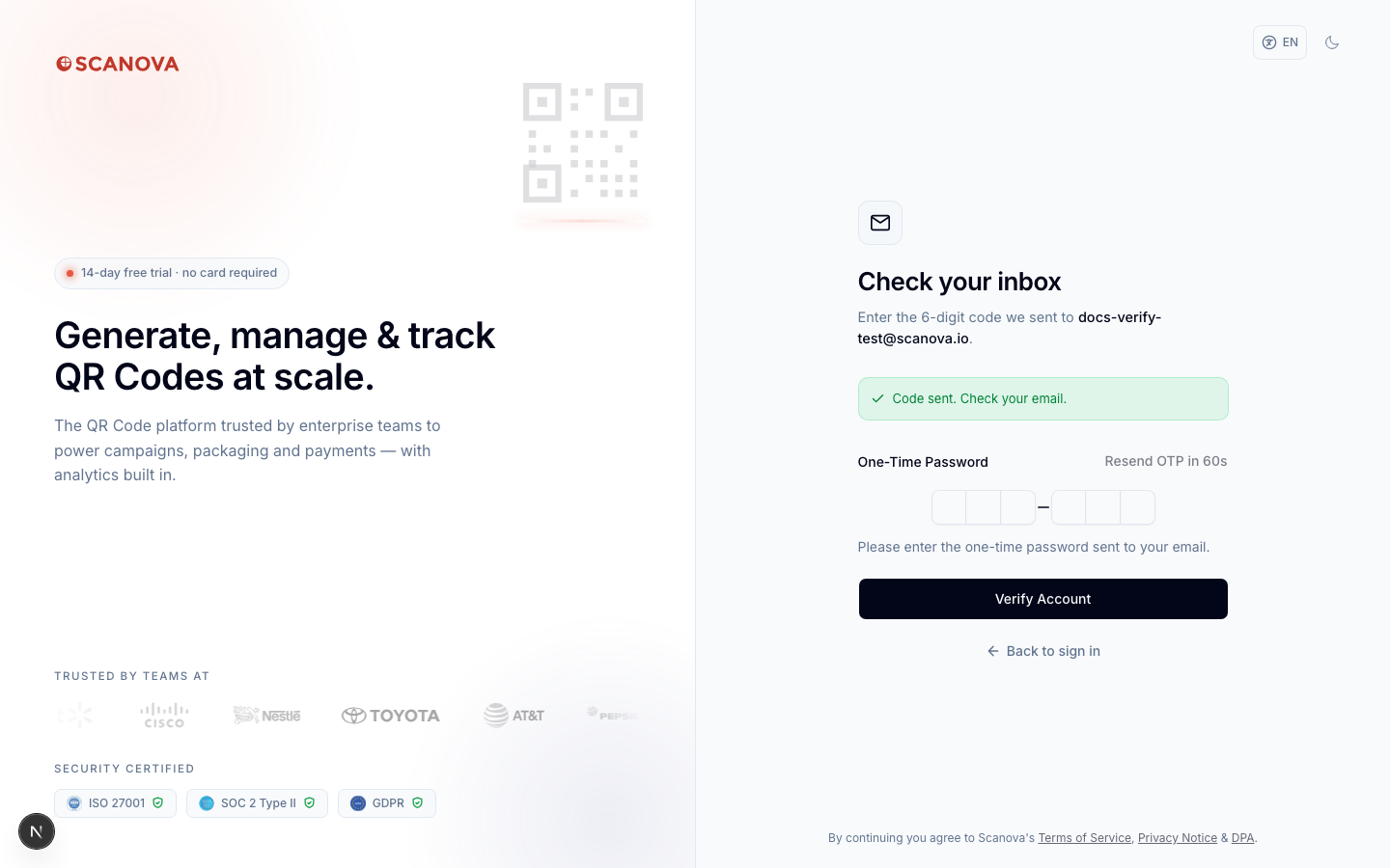 Check your inbox screen confirming the code was sent, with a six-digit one-time password input, a Resend OTP in 60s countdown, and a Verify Account button