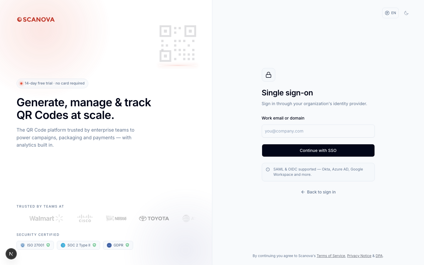 Single-sign-on-Bildschirm mit einem Feld Work email or domain, einer Schaltfläche Continue with SSO und dem Hinweis, dass SAML und OIDC für Okta, Azure AD, Google Workspace und weitere unterstützt werden