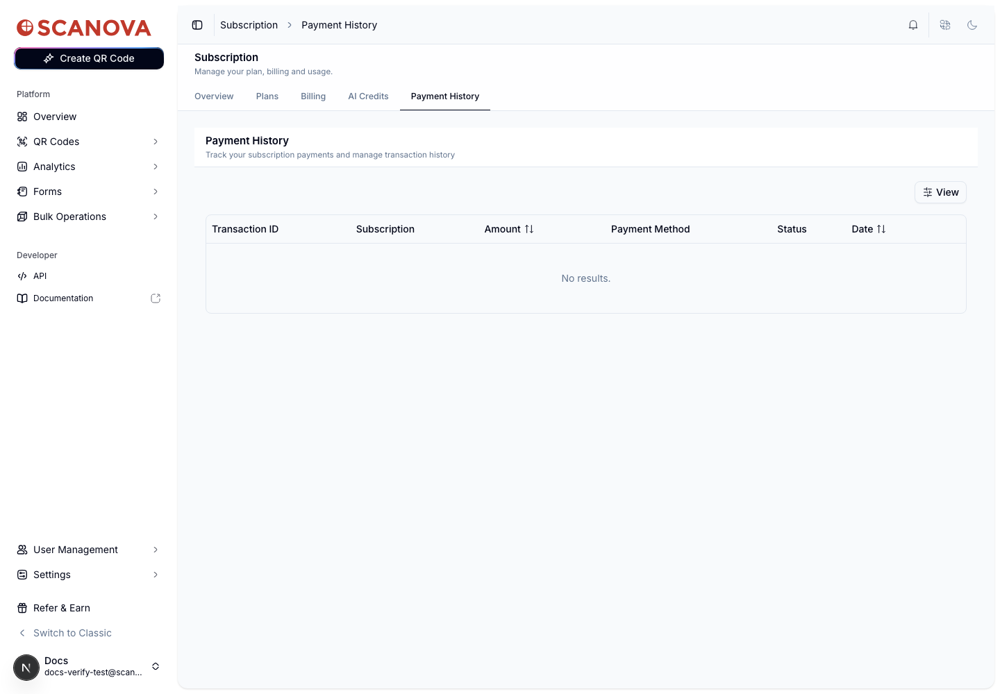 صفحة Payment History بجدول يسرد أعمدة Transaction ID وSubscription وAmount وPayment Method وStatus وDate، وزر View للتصفية، ورسالة No results لحساب بلا معاملات سابقة