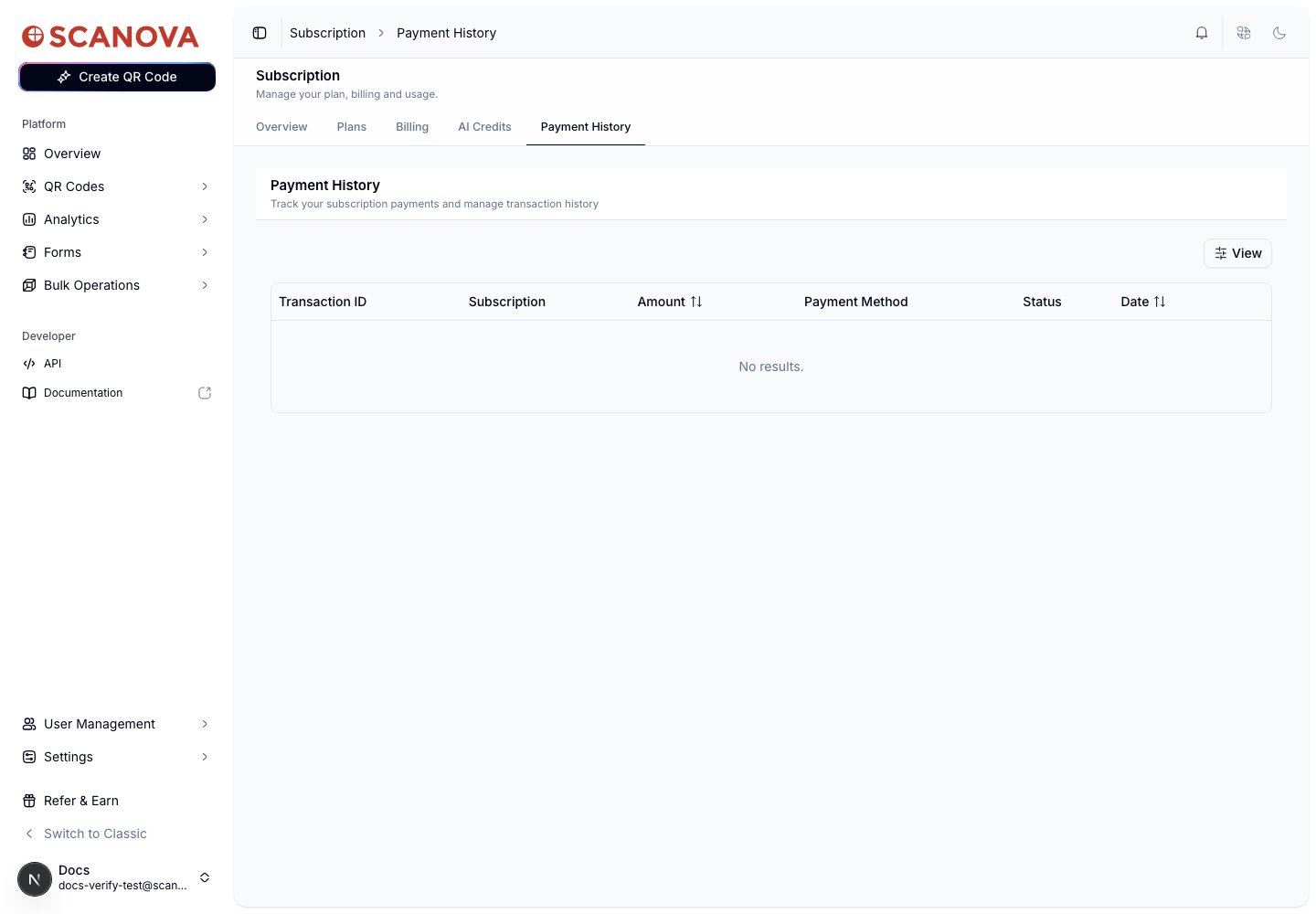 صفحة Payment History بجدول يسرد أعمدة Transaction ID وSubscription وAmount وPayment Method وStatus وDate، وزر View للتصفية، ورسالة No results لحساب بلا معاملات سابقة