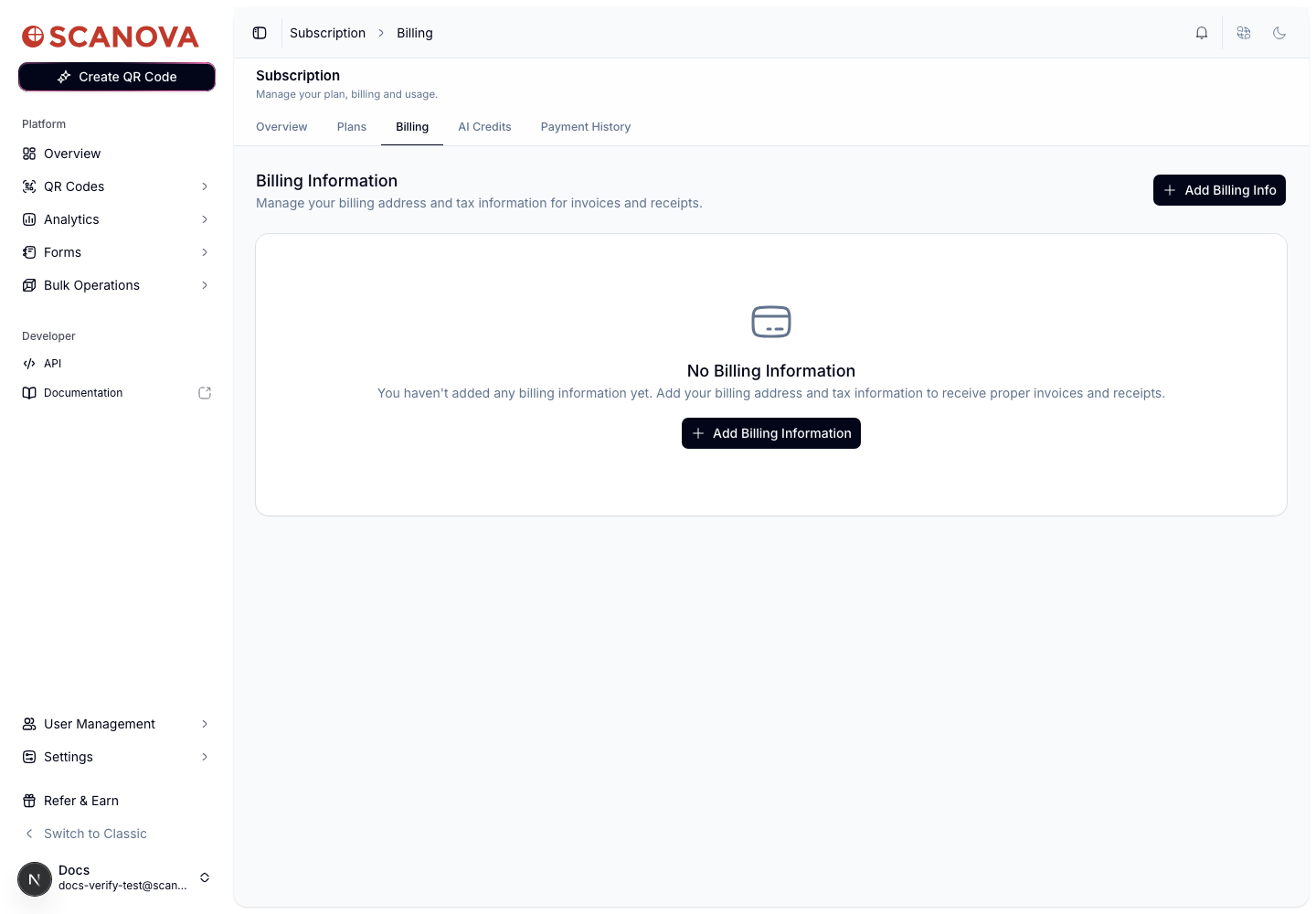علامة تبويب Billing Information تعرض حالة فارغة No Billing Information مع زر Add Billing Information