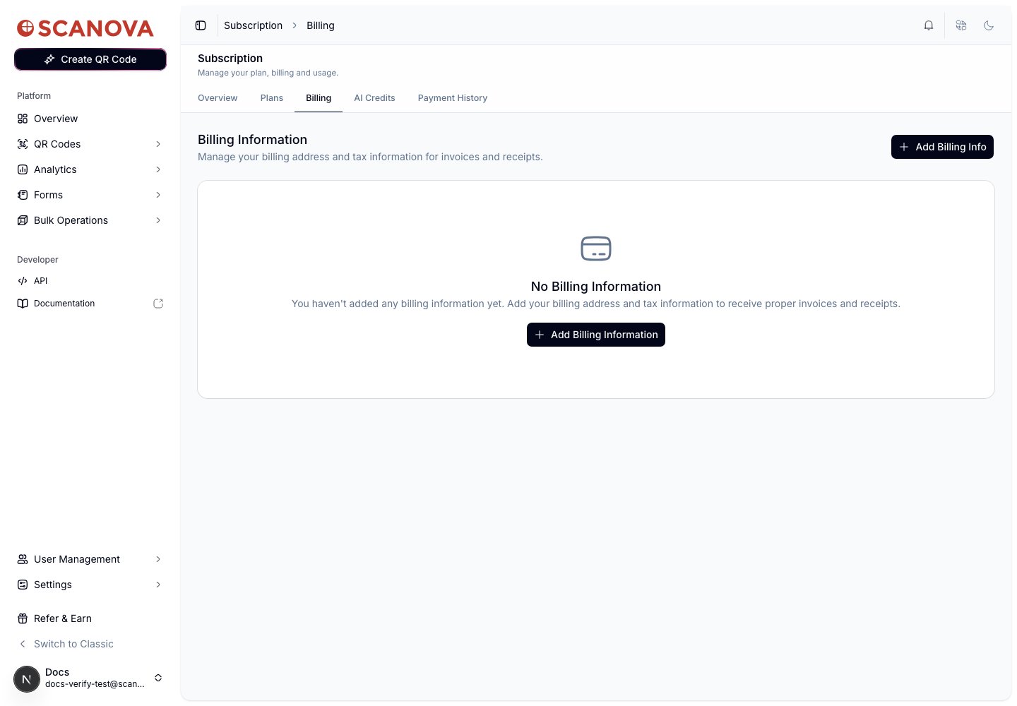 علامة تبويب Billing Information تعرض حالة فارغة No Billing Information مع زر Add Billing Information