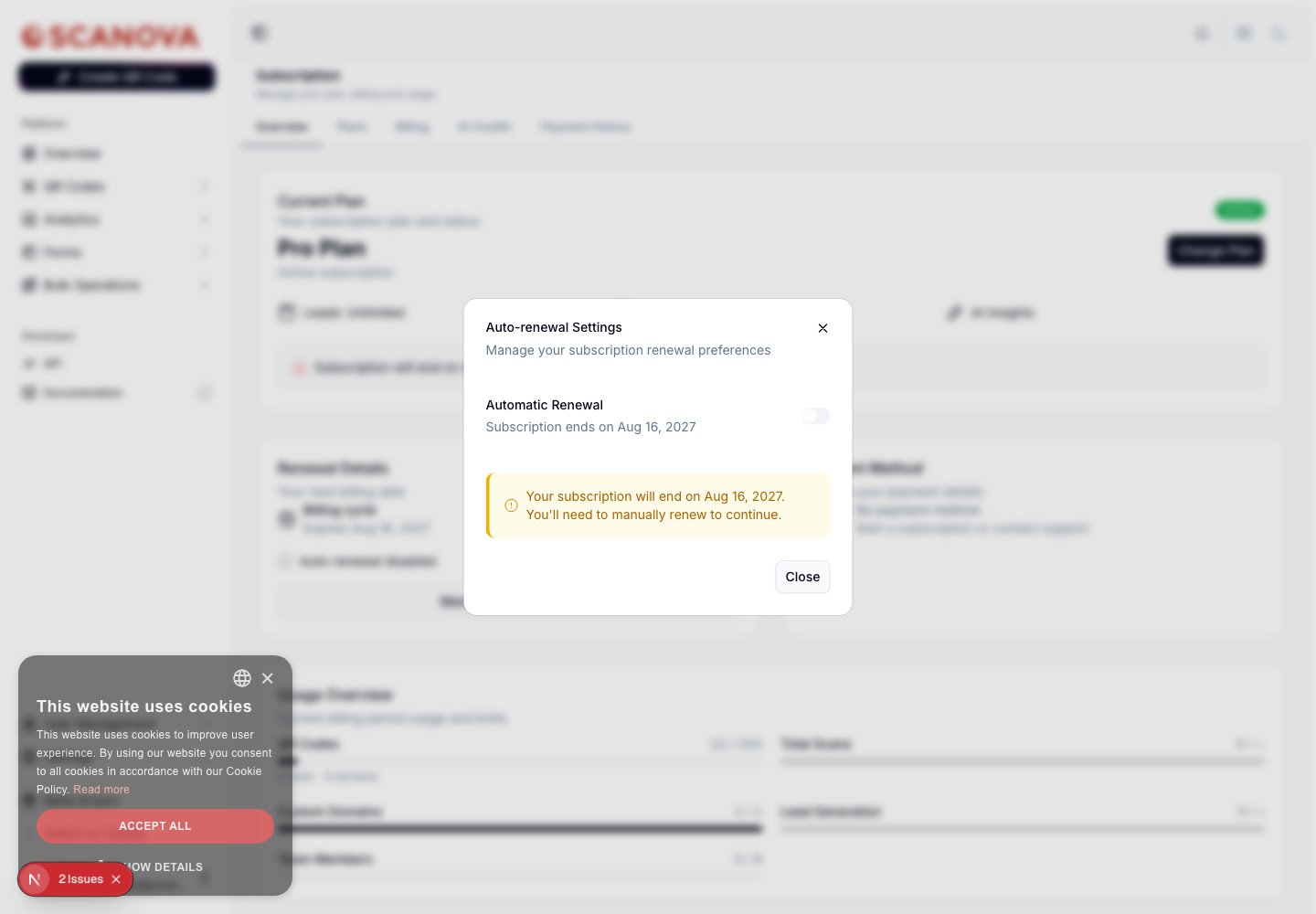 مربع حوار Auto-renewal Settings بمفتاح تبديل Automatic Renewal، وتاريخ انتهاء الاشتراك، وتحذير بأن الاشتراك سينتهي في التاريخ المحدد ويتطلب تجديدًا يدويًا، وزر Close