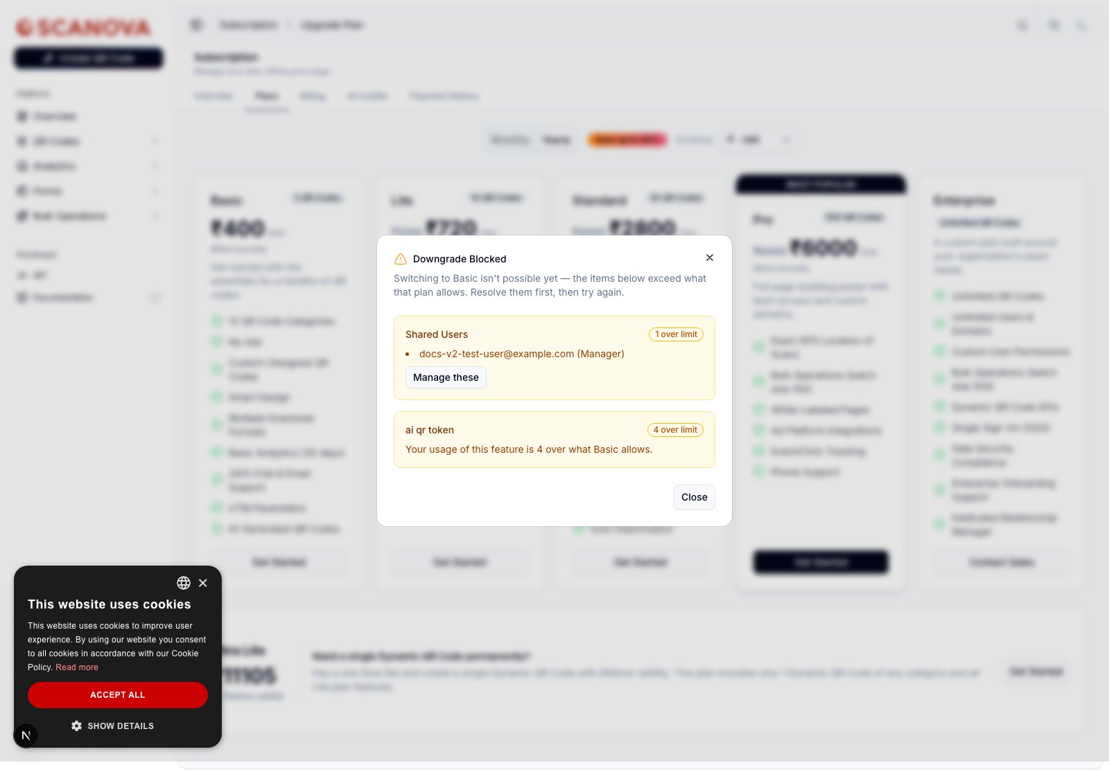Downgrade Blocked dialog stating that switching to Basic isn't possible because usage exceeds plan limits, listing Shared Users (1 over limit) with a Manage these button and ai qr token (4 over limit), with a Close button