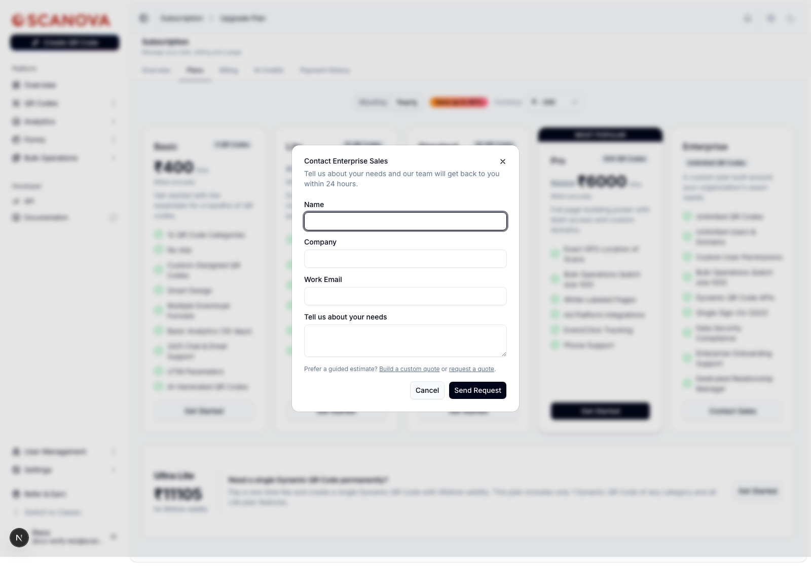 Contact Enterprise Sales dialog with Name, Company, Work Email, and Tell us about your needs fields, a Send Request button, and links to build a custom quote or request a quote instead
