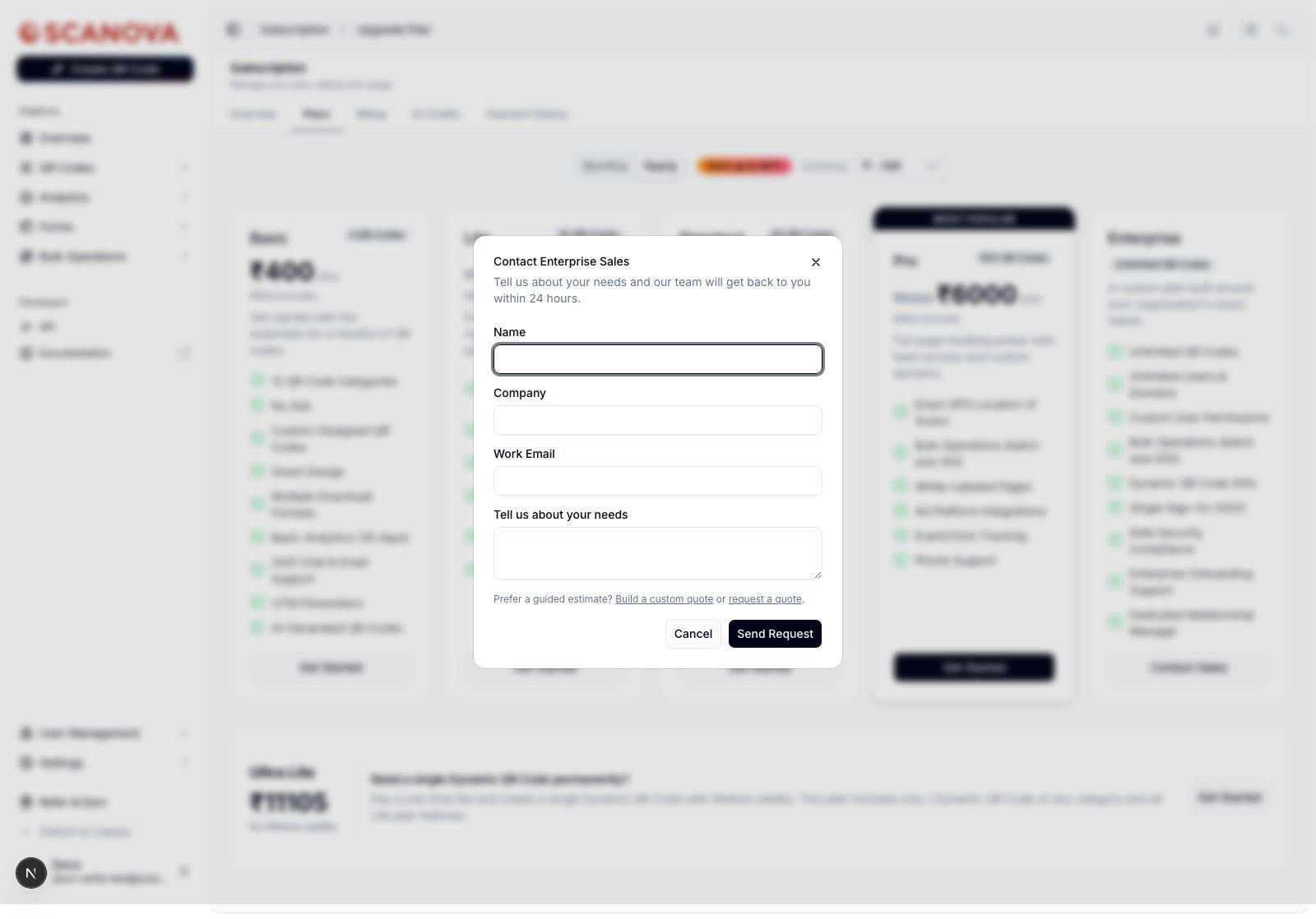 Contact Enterprise Sales dialog with Name, Company, Work Email, and Tell us about your needs fields, a Send Request button, and links to build a custom quote or request a quote instead