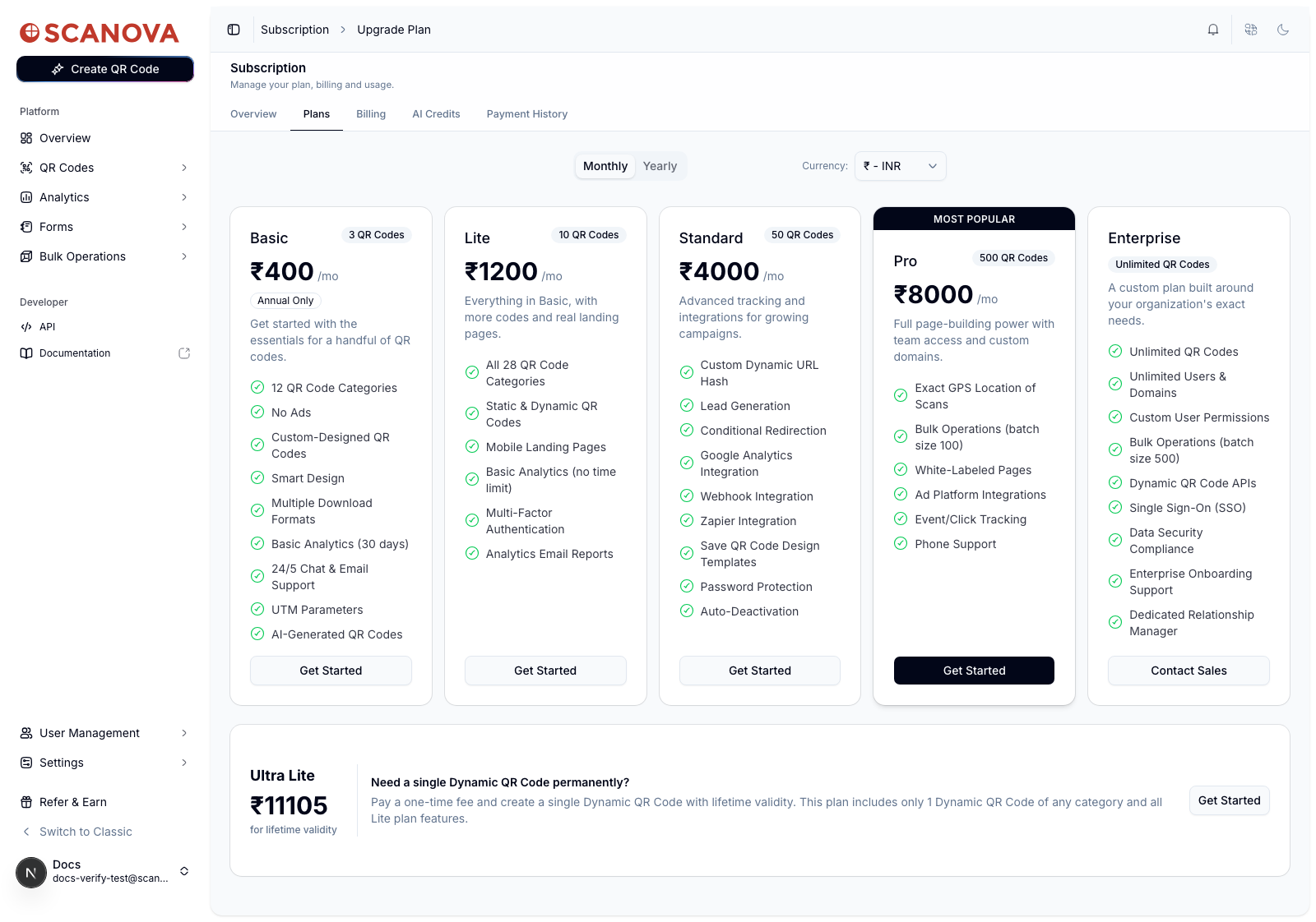 Plans tab in Monthly mode showing the same plan cards with monthly pricing; the Basic plan shows an Annual Only badge instead of a monthly price