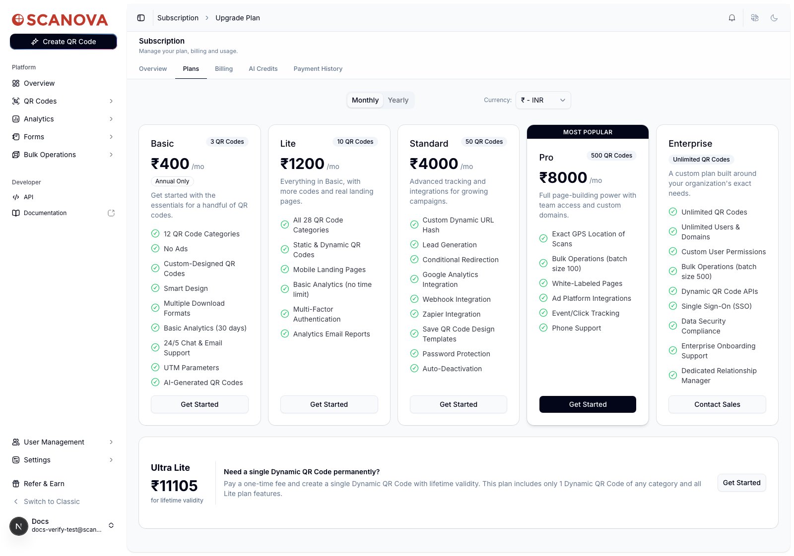 Plans tab in Monthly mode showing the same plan cards with monthly pricing; the Basic plan shows an Annual Only badge instead of a monthly price