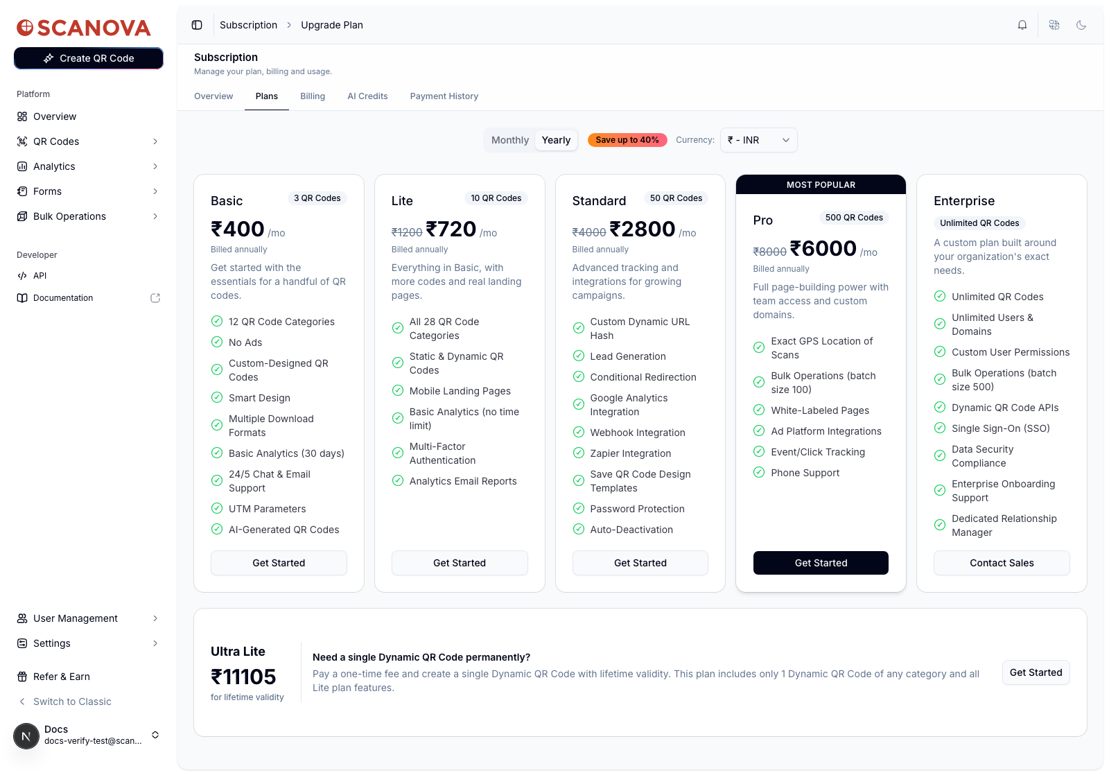 Plans tab showing Basic, Lite, Standard, Pro (marked Most Popular), and Enterprise plan cards with yearly pricing, a Monthly/Yearly toggle with a Save up to 40% badge, a currency selector, and an Ultra Lite one-time lifetime plan below the main grid