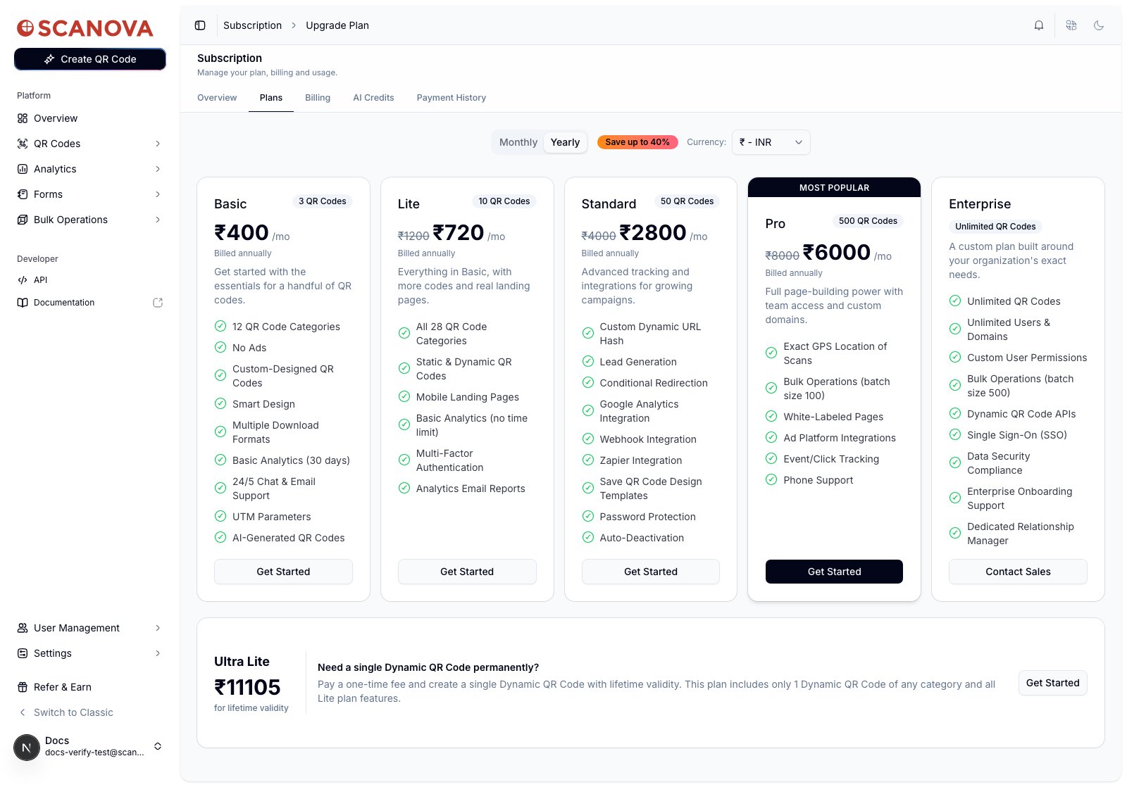 Plans tab showing Basic, Lite, Standard, Pro (marked Most Popular), and Enterprise plan cards with yearly pricing, a Monthly/Yearly toggle with a Save up to 40% badge, a currency selector, and an Ultra Lite one-time lifetime plan below the main grid
