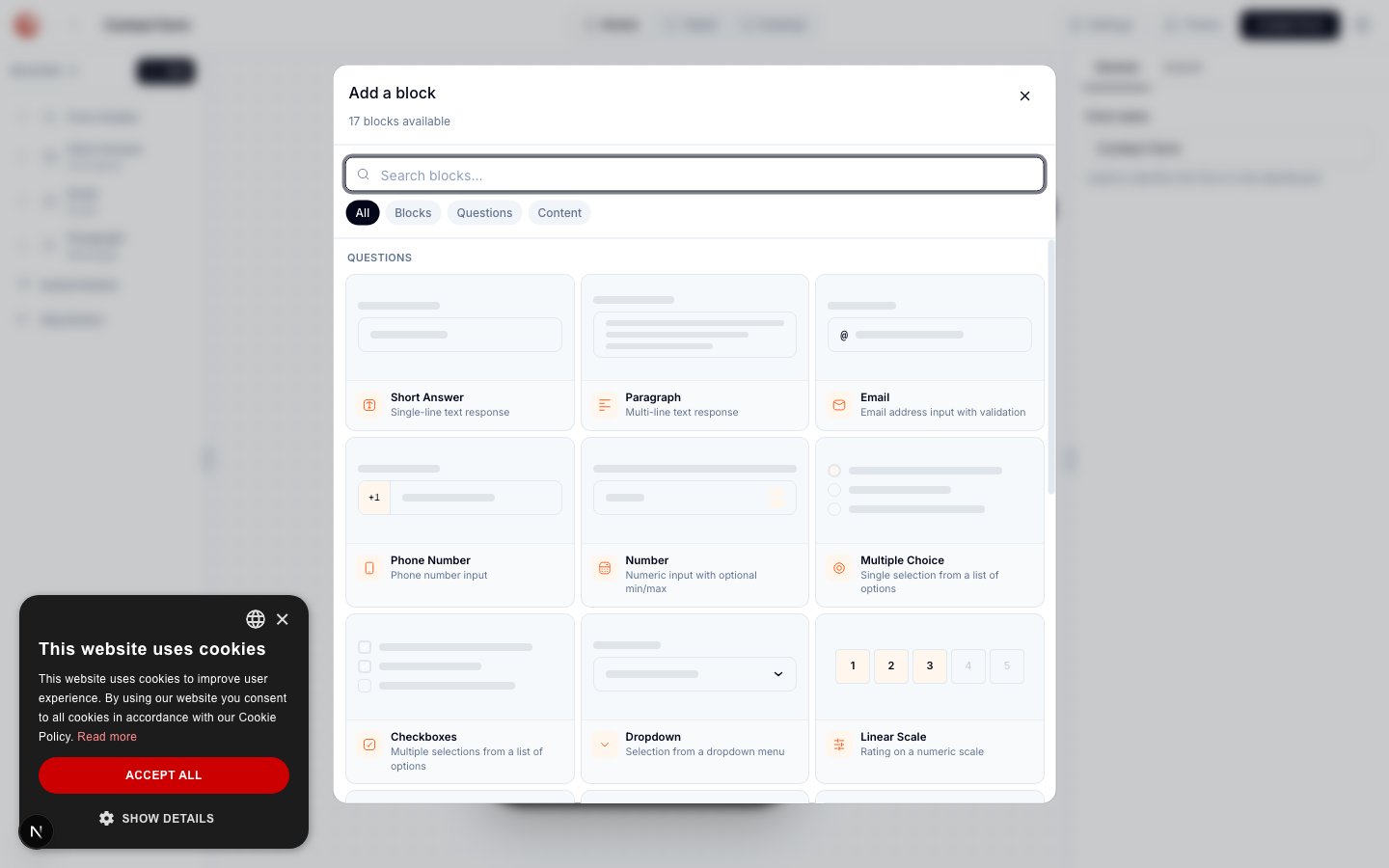 Add a block 选择器显示 All、Blocks、Questions 和 Content 标签页中共 17 个可用区块,可见的问题类型包括 Short Answer、Paragraph、Email、Phone Number、Number、Multiple Choice、Checkboxes 和 Dropdown