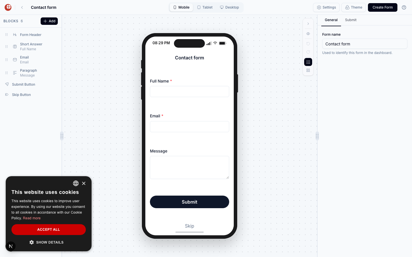 Form builder showing the Contact form template with Form Header, Short Answer (Full Name), Email, Paragraph (Message), Submit Button, and Skip Button blocks in the left BLOCKS list, and a live mobile preview