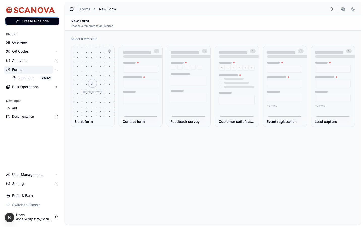 New Form template picker showing six template cards: Blank form, Contact form, Feedback survey, Customer satisfaction, Event registration, and Lead capture