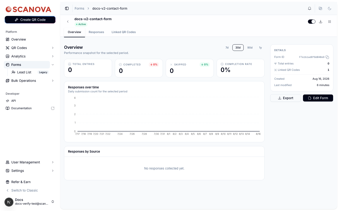 علامة تبويب Overview للنموذج تعرض بطاقات إحصائية Total Entries وCompleted وSkipped وCompletion Rate كلها عند الصفر، ومخطط Responses over time، ولوحة Responses by Source تقرأ «No responses collected yet»