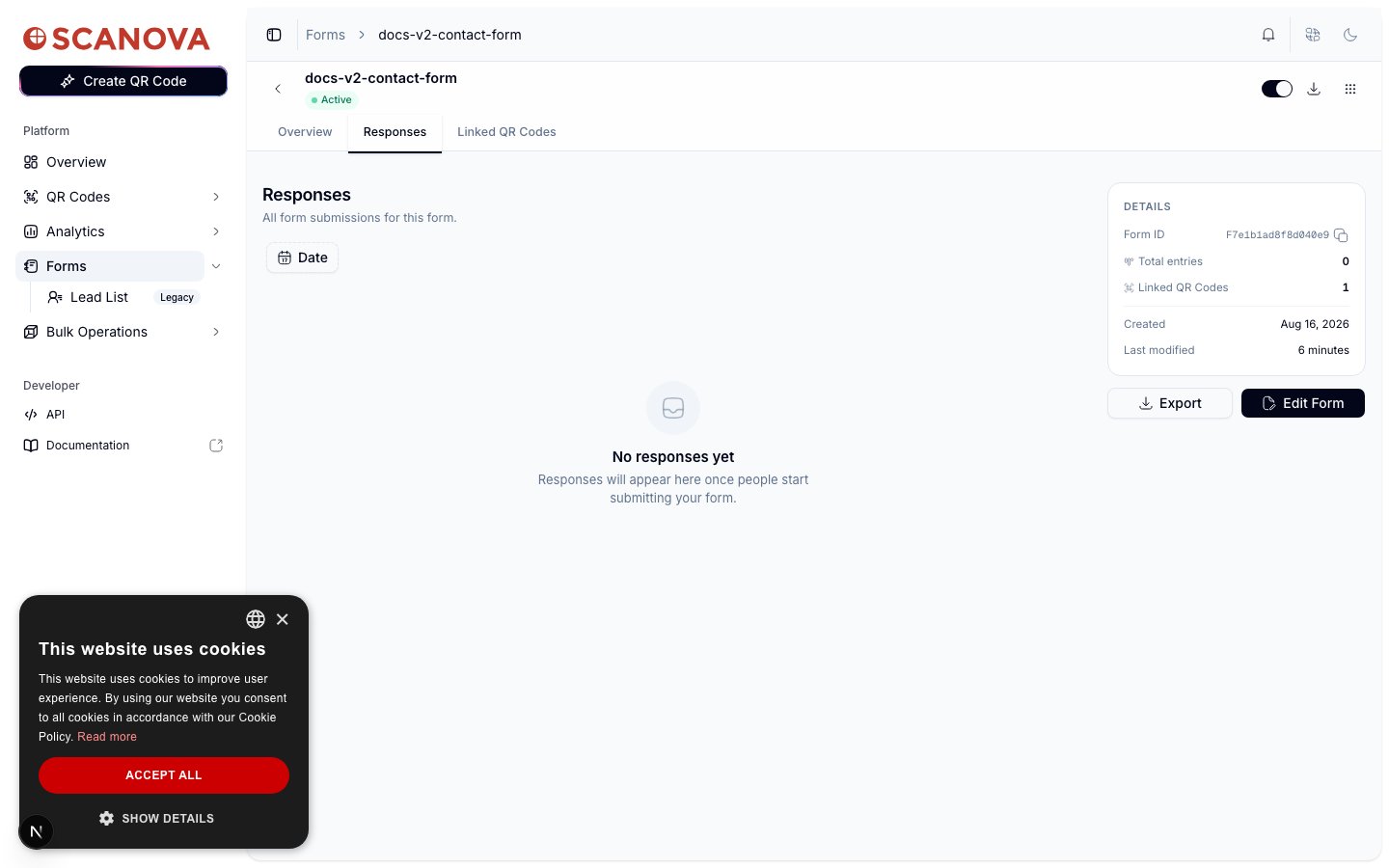 علامة تبويب Responses تعرض أيقونة صندوق وارد مع «No responses yet» ورسالة «Responses will appear here once people start submitting your form.»